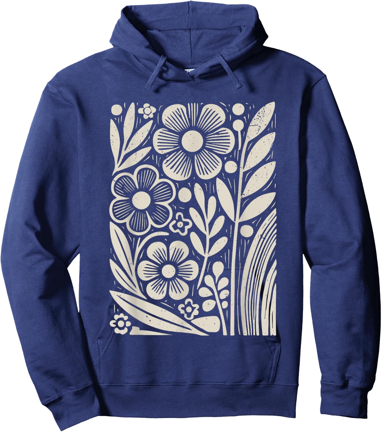 Botanical Floral Line Art Minimalist Nature Linocut Print Hoodie - Hoodie | Navy