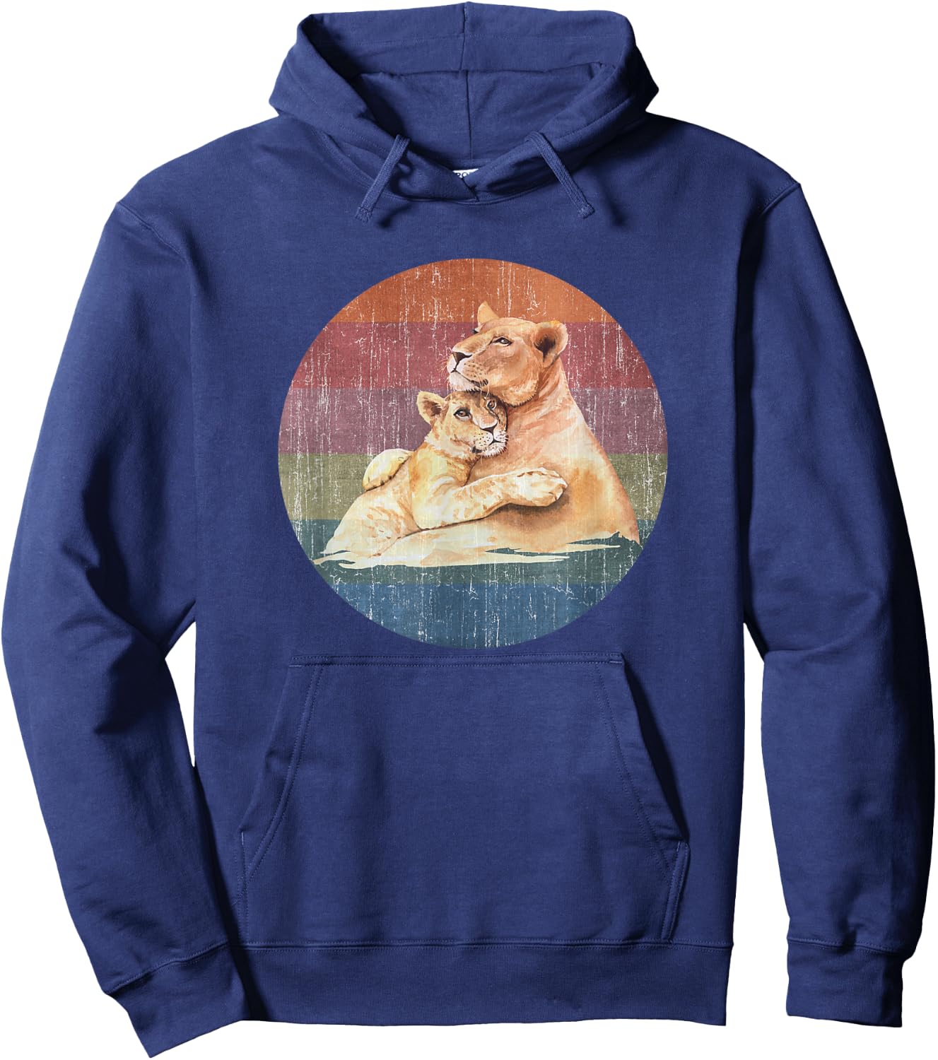 Lioness Lion Mom Baby Cub Watercolor On Distressed Sunset Hoodie - Hoodie | Navy