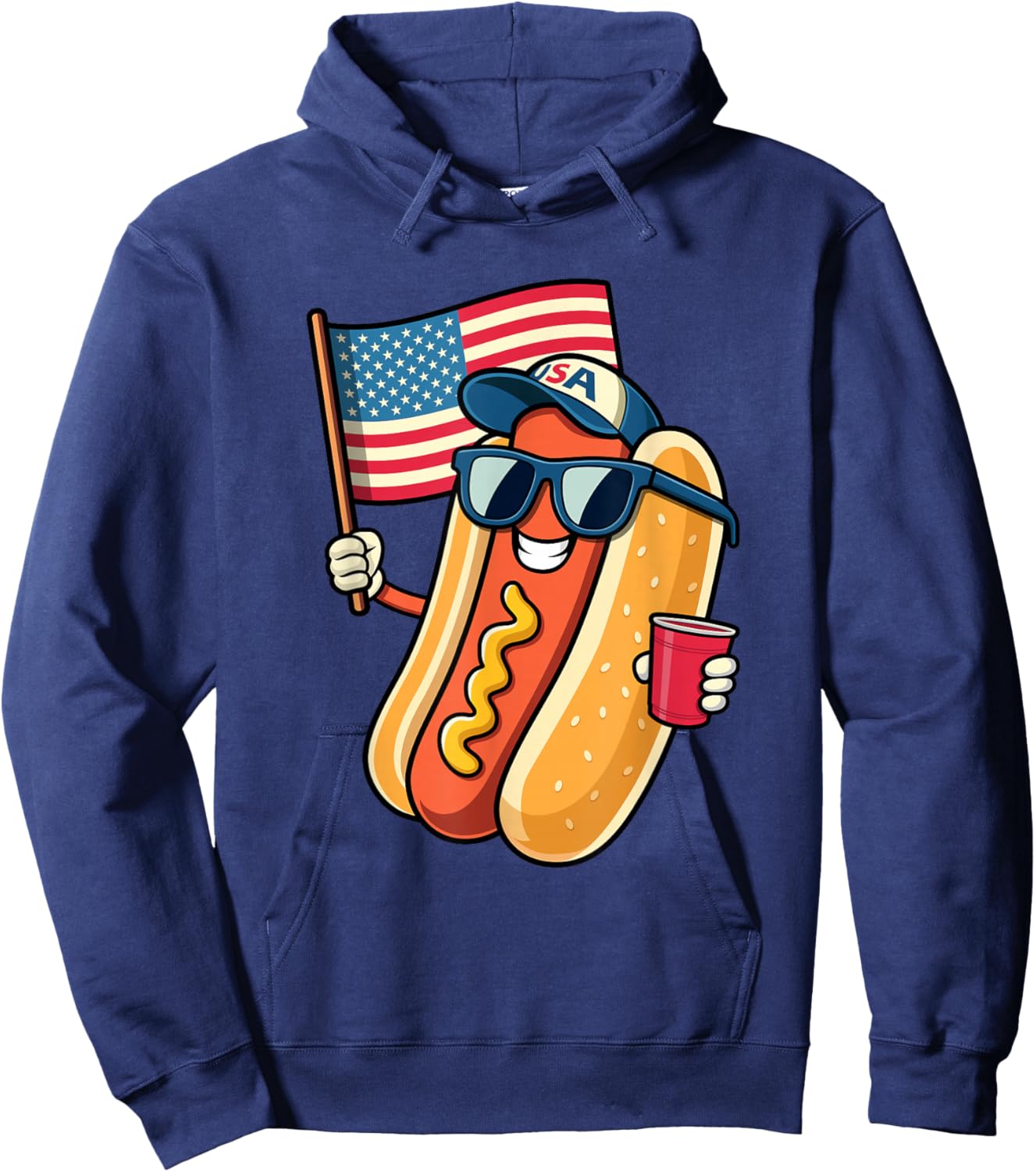4th of July Hotdog Funny Fourth of July Patriotic USA Flag Hoodie - Hoodie | Navy