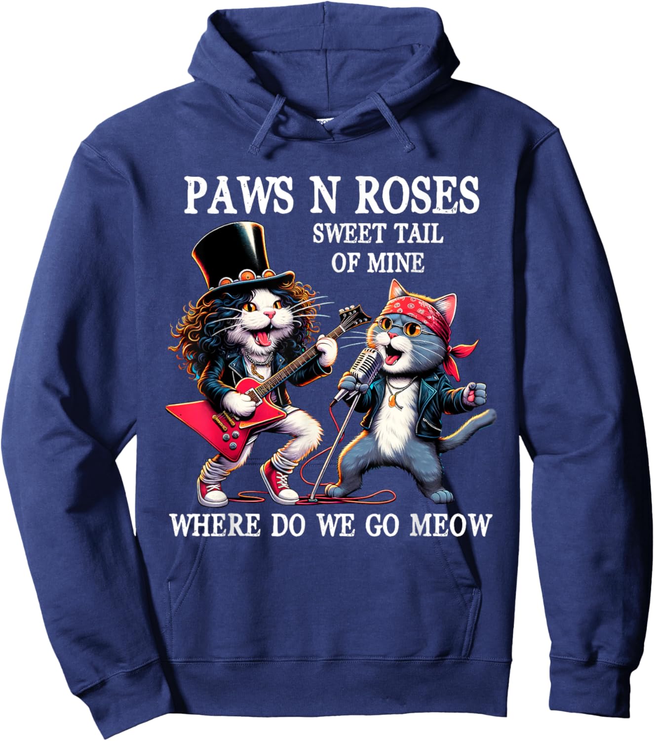 Graphic Funny Cat Animal Vintage Rock Cat Play Guitar Music Hoodie - Hoodie | Navy