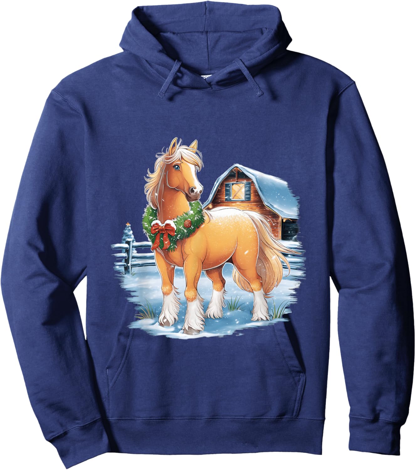 Festive Horse with Wreath in Snowy Barnyard Scene Hoodie - Hoodie | Navy