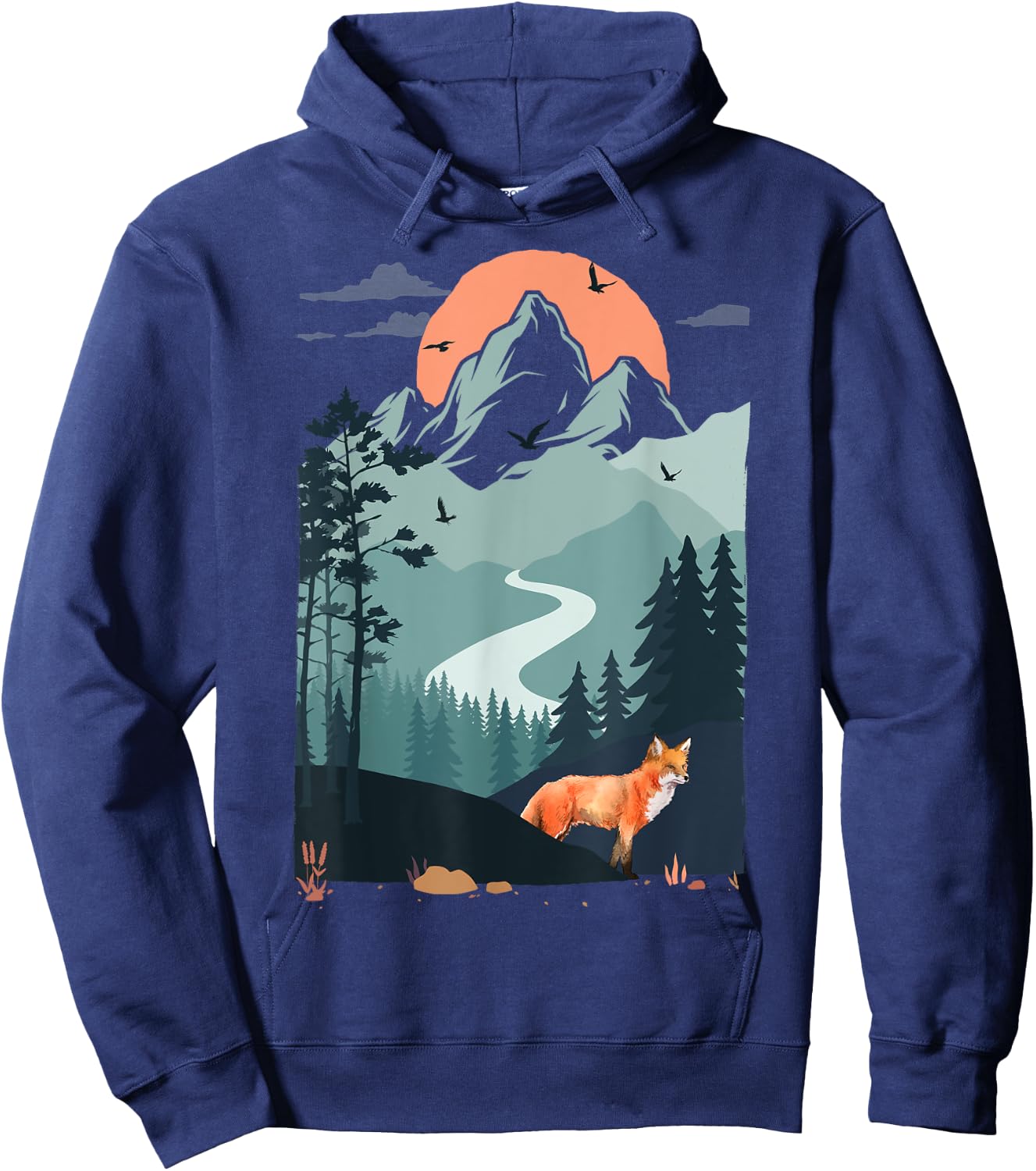 Mountain sunset Pine Tree Bird flying sky Red Standing Fox Hoodie - Hoodie | Navy