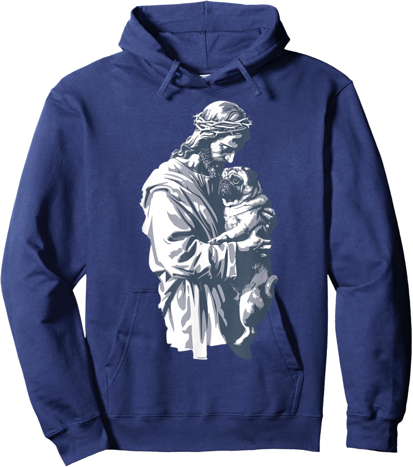 Funny Vintage Jesus Holding Cute Pug Retro 90s Christian Hoodie - Hoodie | Navy
