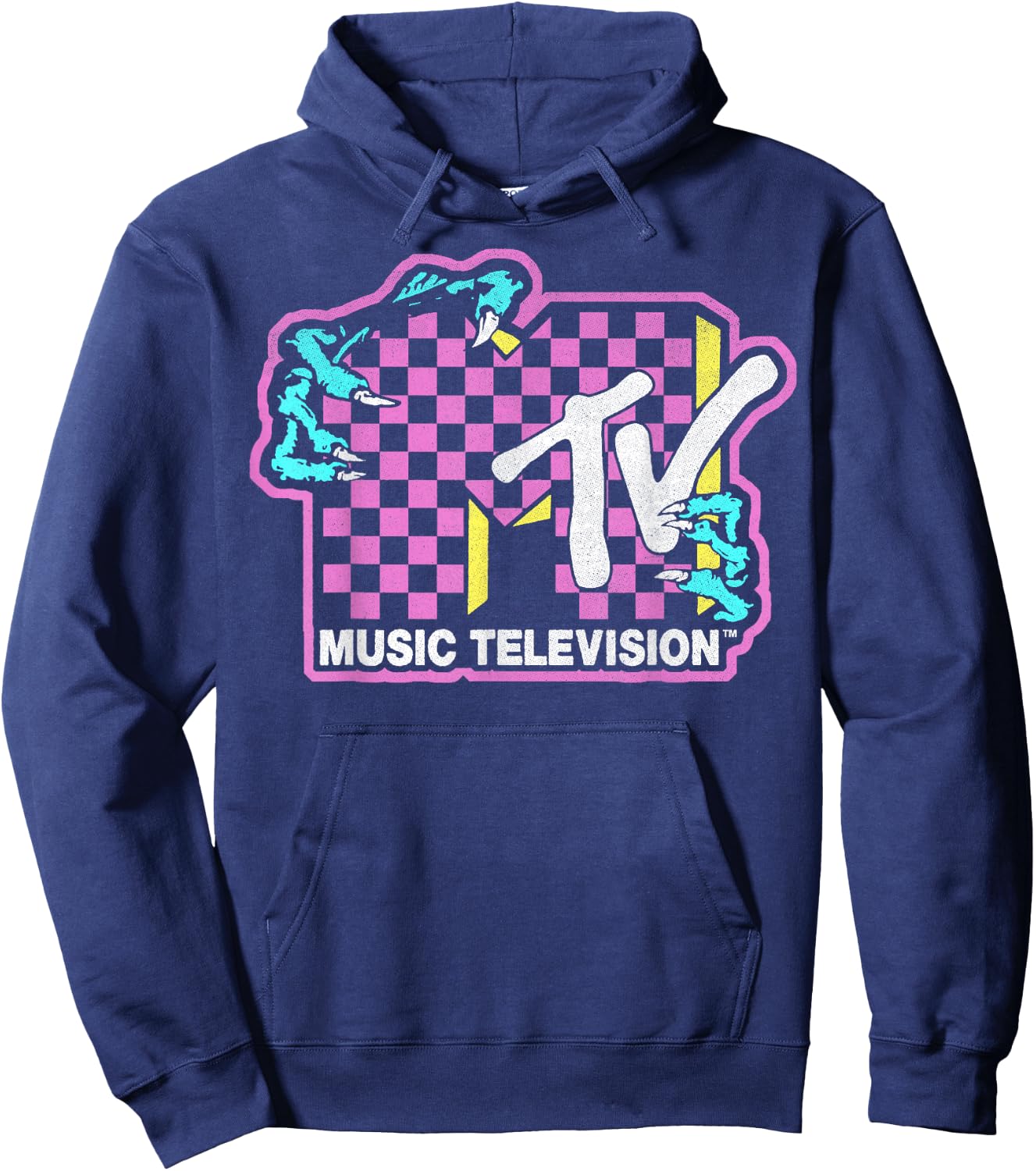 MTV Checkered Monster Hand Logo Graphic Hoodie - Hoodie | Navy
