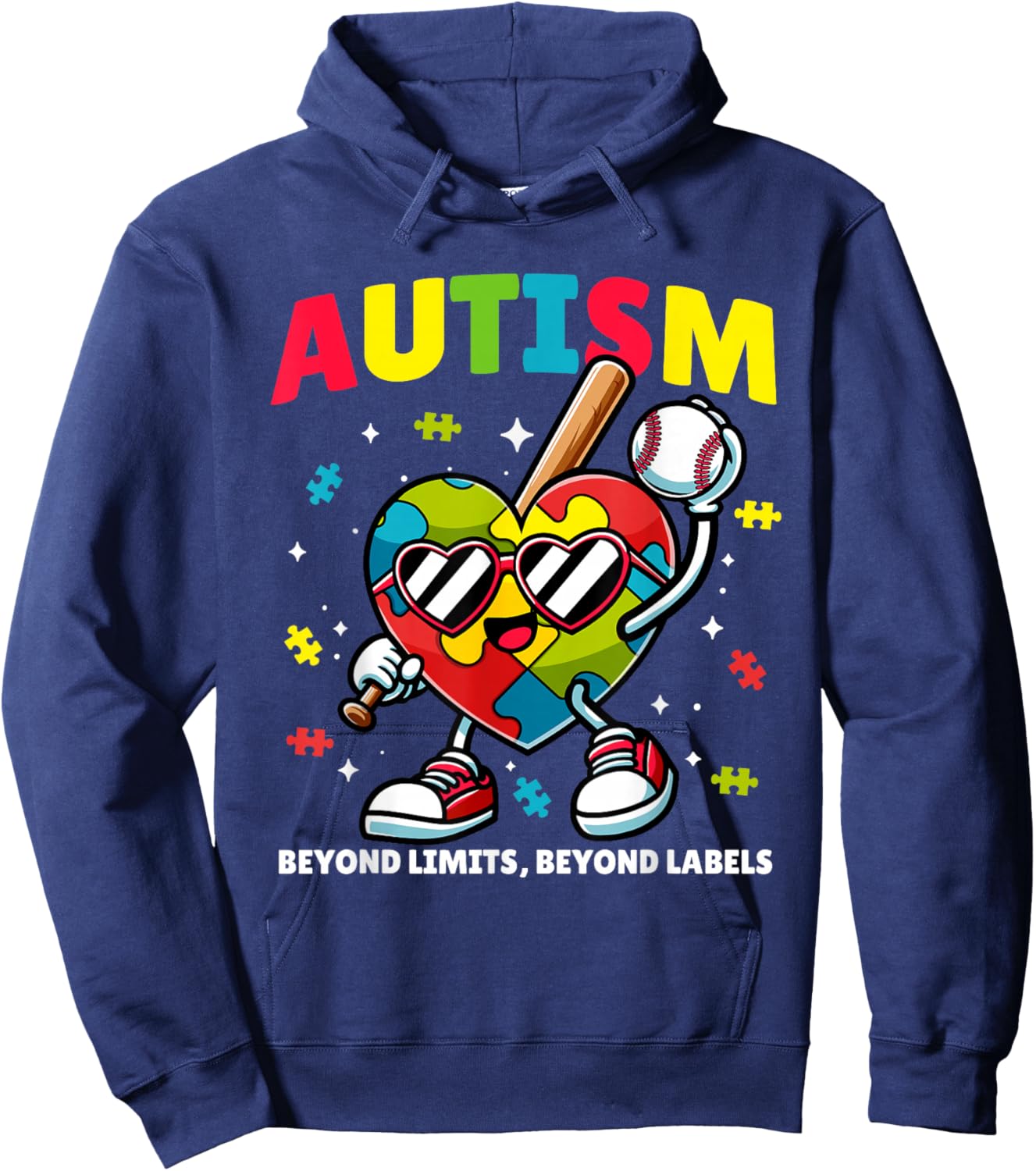 Autism Baseball Heart | Puzzle Awareness Design for Kids Hoodie - Hoodie | Navy