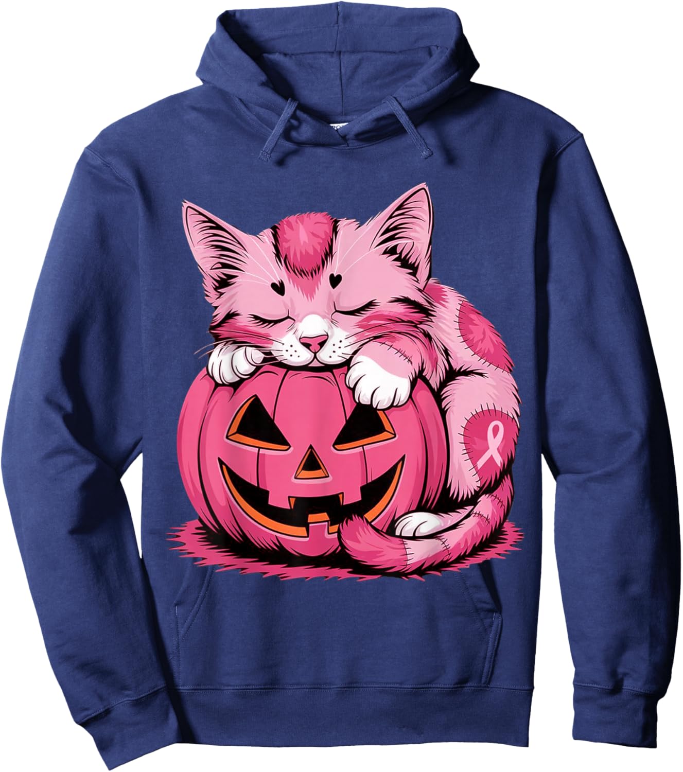 Cute Pink Cat Hugging Pumpkin Breast Cancer Awareness Kitten Hoodie - Hoodie | Navy