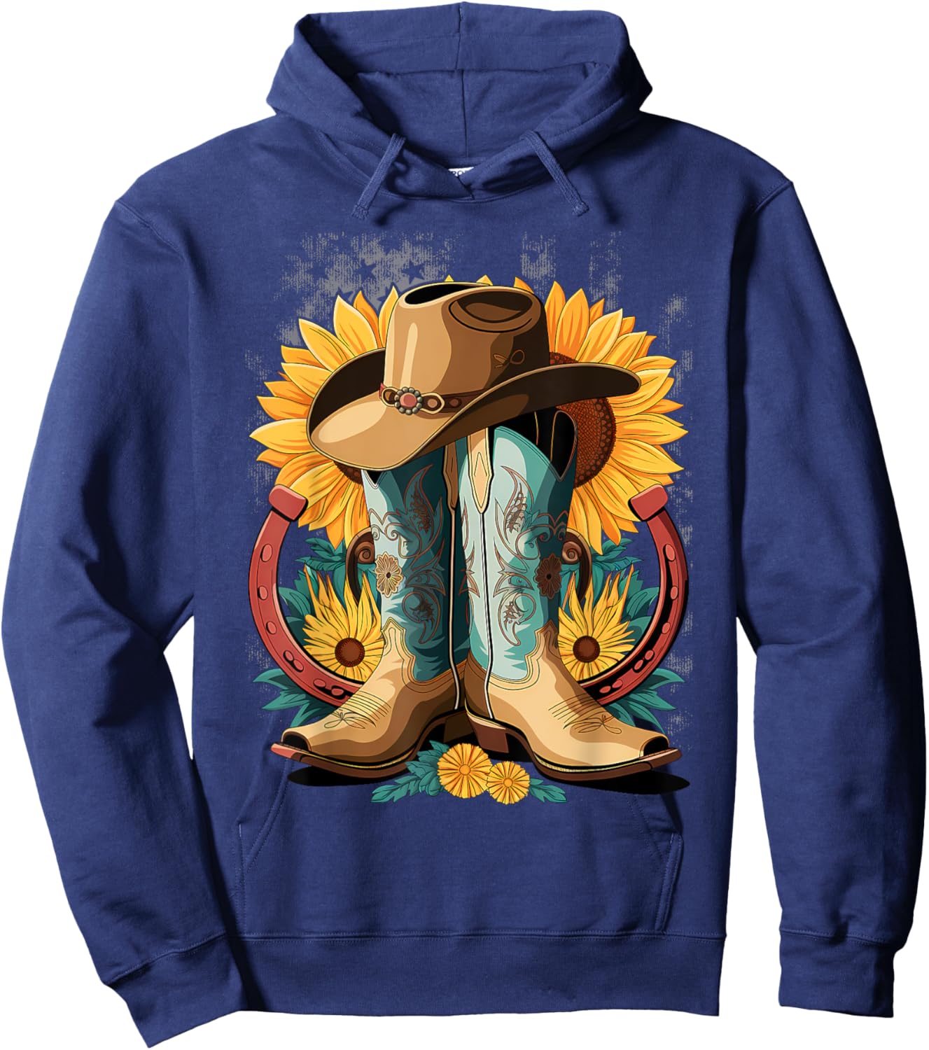 Western Cowboy Boot Horseshoe Sunflower Rope Cowgirl Country Hoodie - Hoodie | Navy