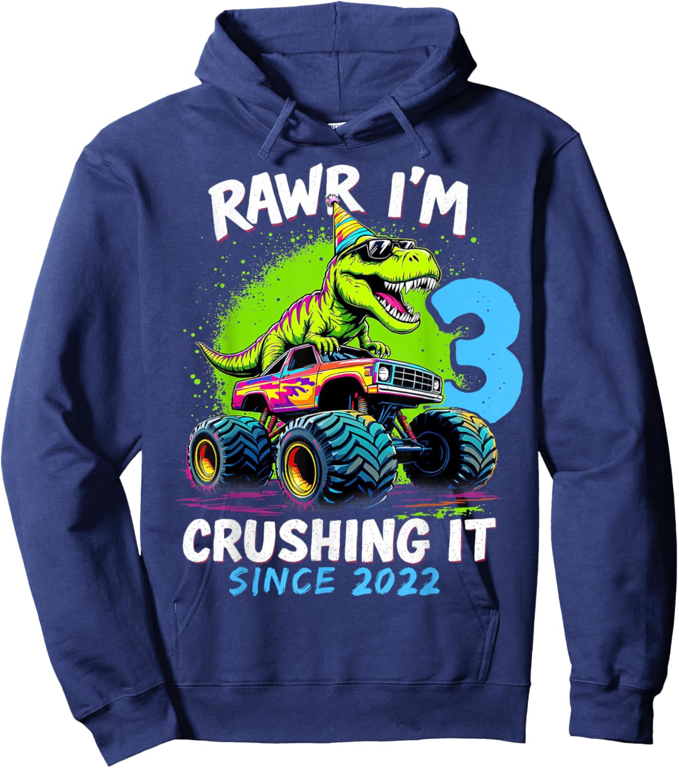 3rd Birthday Monster Truck Dinosaur Party Boys Rawr I'm 3 Hoodie - Hoodie | Navy