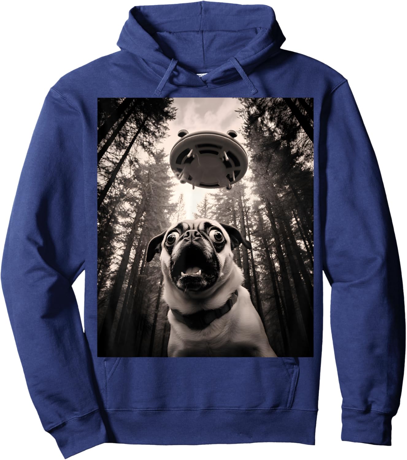 Cool Pug Selfie with UFOs Funny Pug Costume Alien Spaceship Hoodie - Hoodie | Navy