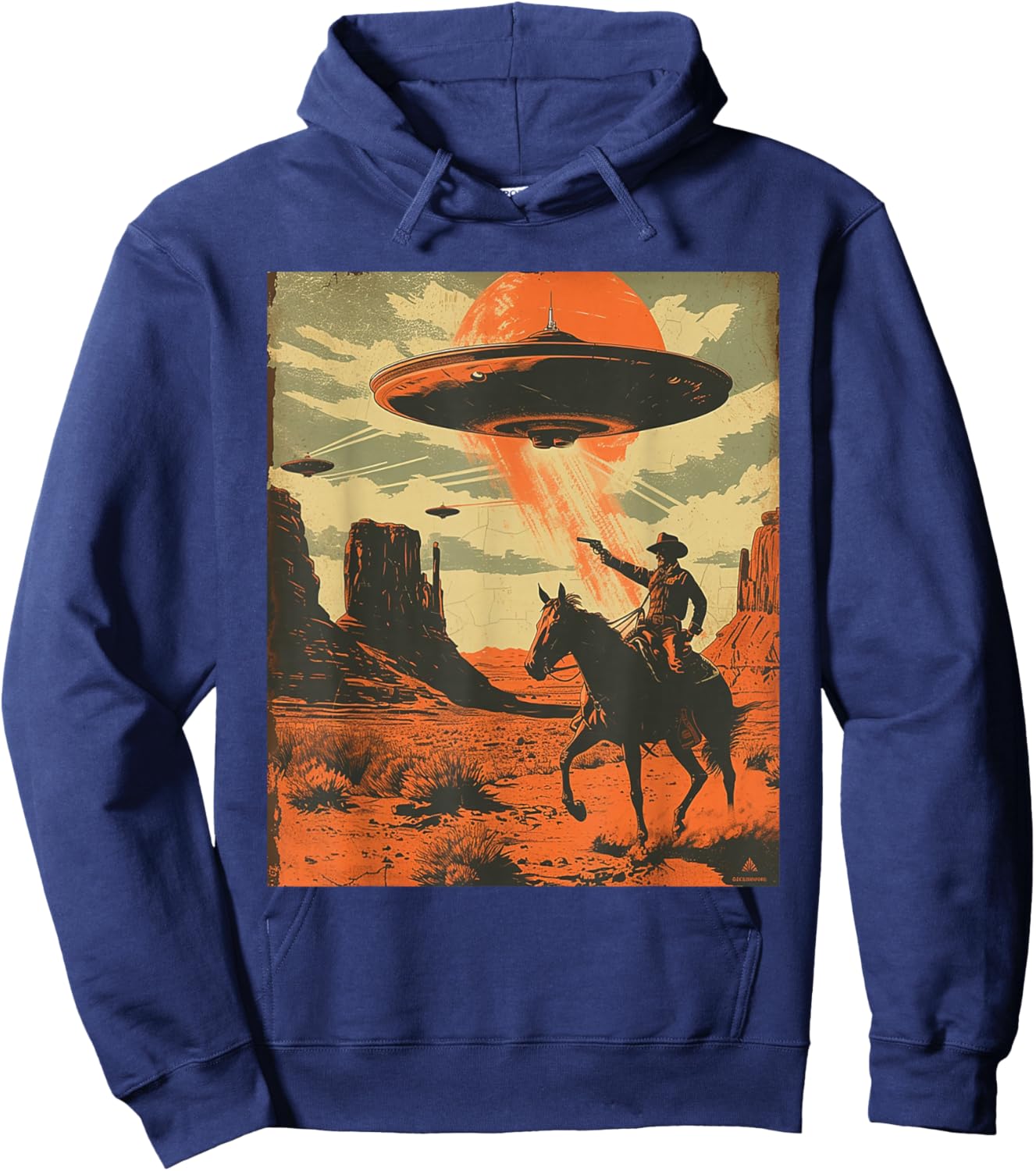 Retro Desert Cowboy Riding Horse Shooting At Space UFO Art Hoodie - Hoodie | Navy