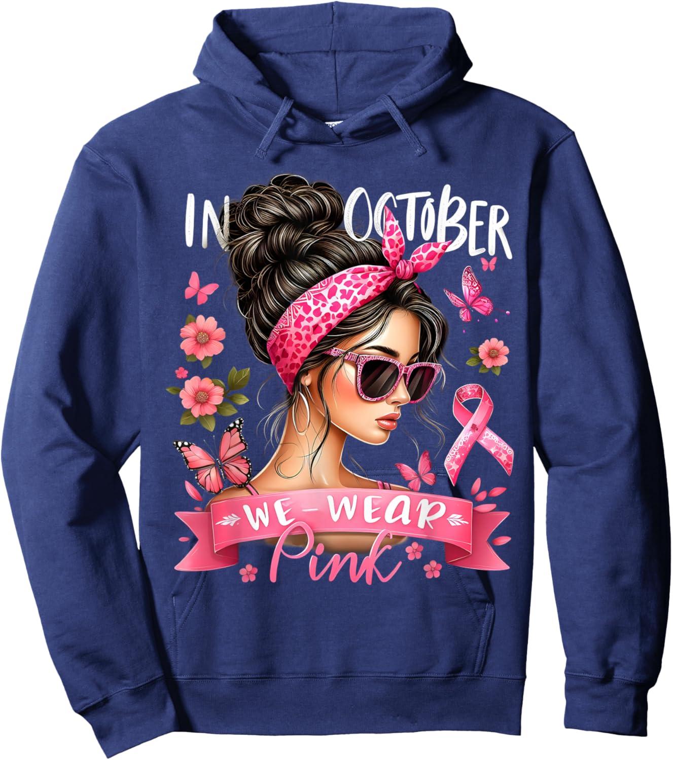 In October We Wear Pink Breast Cancer Awareness Messy Bun Hoodie - Hoodie | Navy