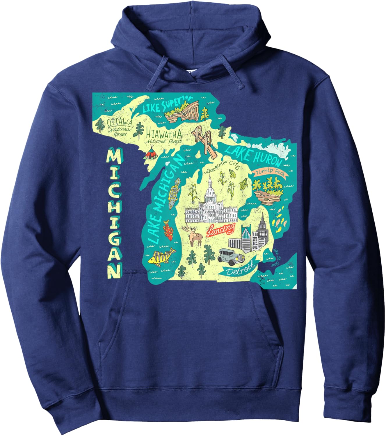 Great Lakes State Map Michigan Vacations Camping Hiking Hoodie - Hoodie | Navy