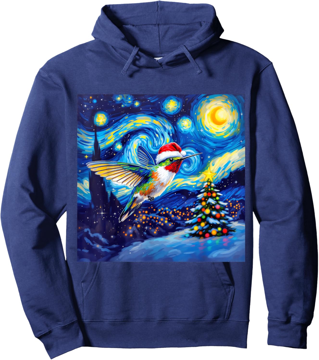 Christmas Hummingbird Santa Hat Van Gogh Starry Night Hoodie - Hoodie | Navy