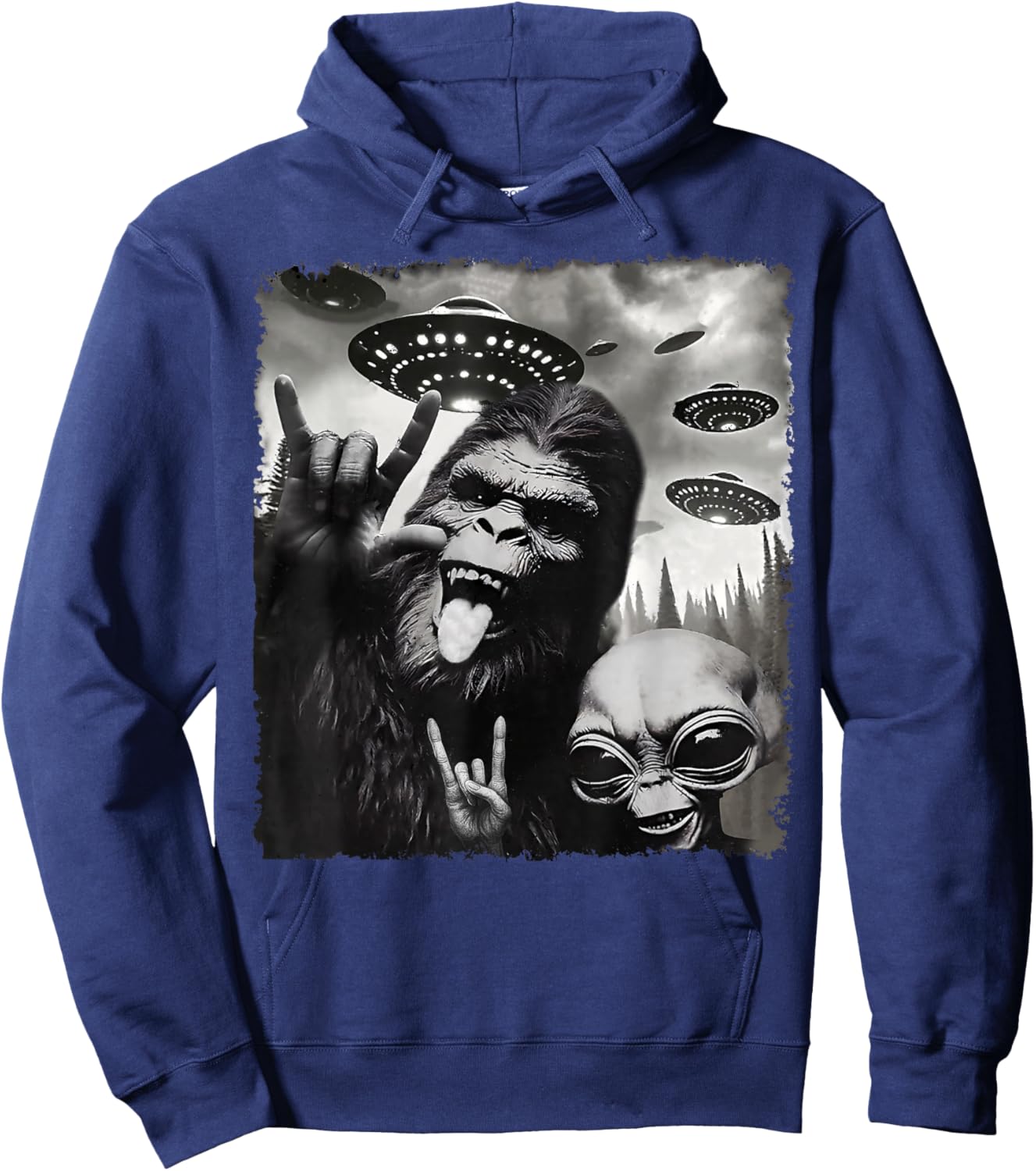 Funny Bigfoot Alien Sasquatch Rock On Hand Sign UFO Selfie Hoodie - Hoodie | Navy