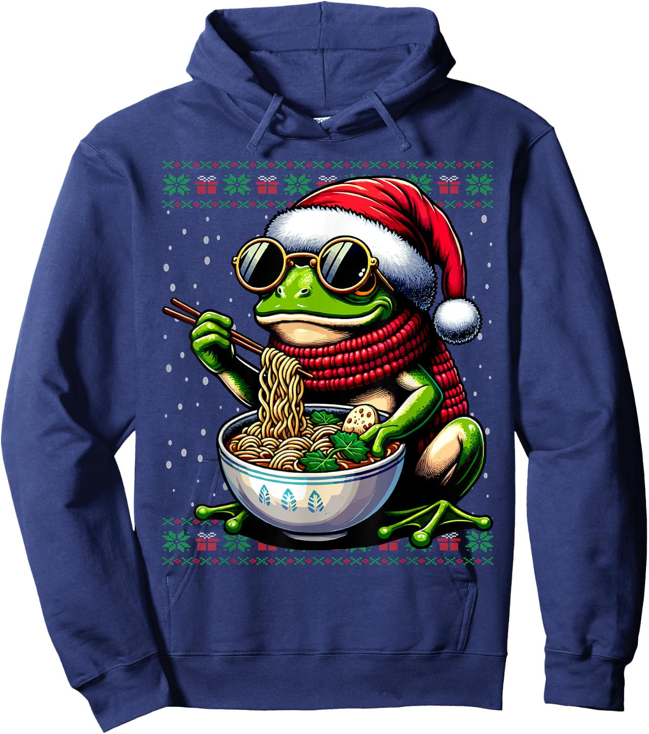 Christmas Frog Eating Ramen Ugly Christmas Sweater Hoodie - Hoodie | Navy