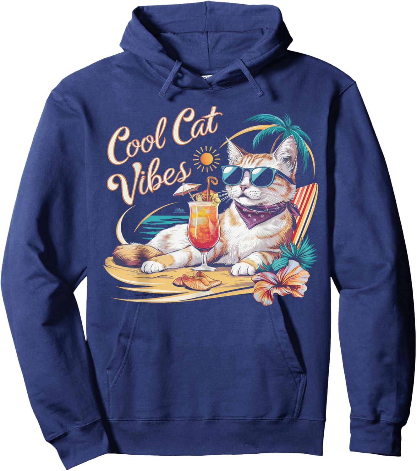 Cool Cat Vibes, A chic Fashionable Cat Tropical Beach Hoodie - Hoodie | Navy