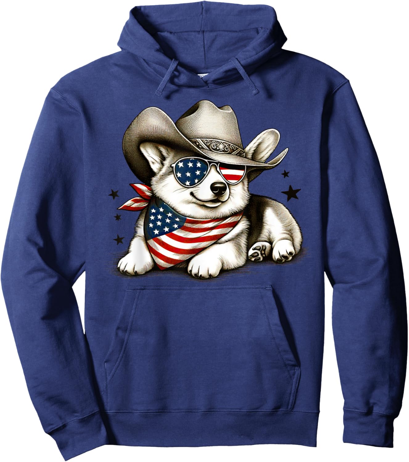 Corgi Cowboy Hat 4th of July American Flag USA Patriotic Dog Hoodie - Hoodie | Navy