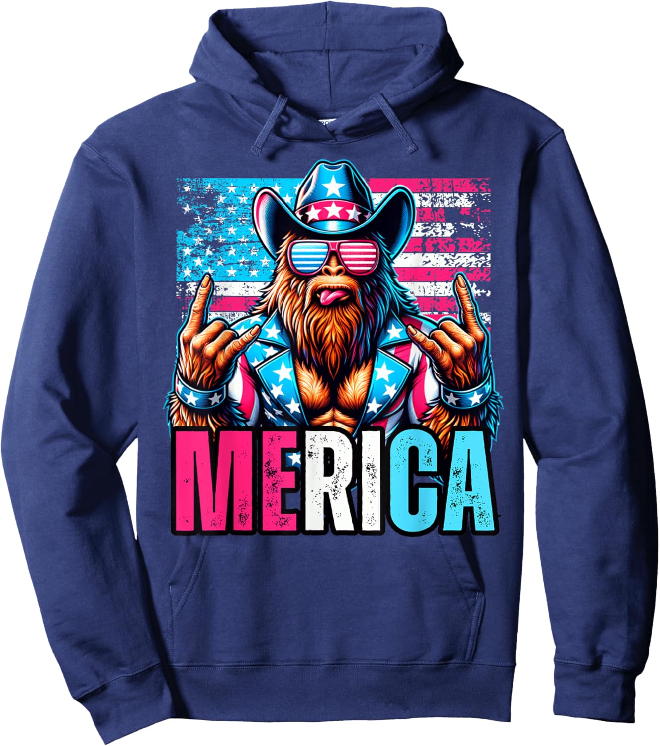 Sasquatch Merica 4th Of July American Flag Cowboy Rocker Hoodie - Hoodie | Navy