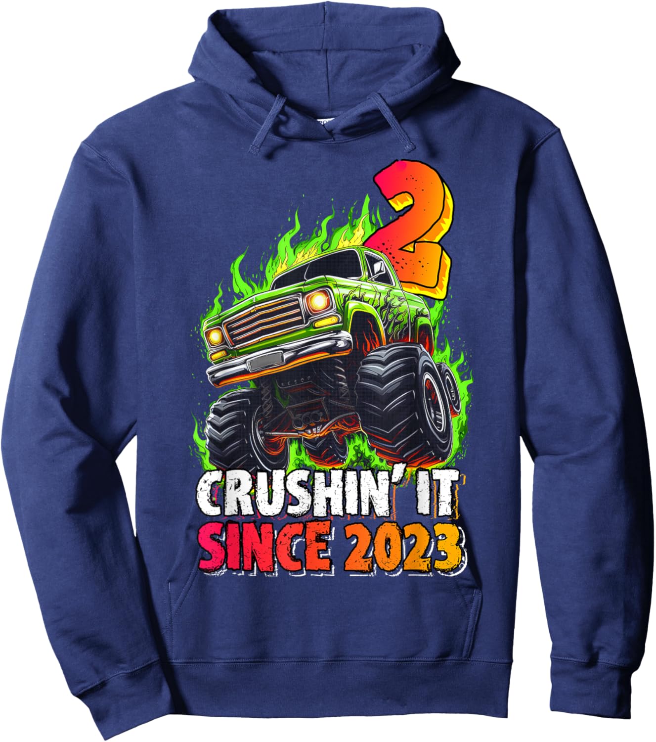 Birthday Monster Truck 2 Year Old Boys 2nd Party Born 2023 Hoodie - Hoodie | Navy