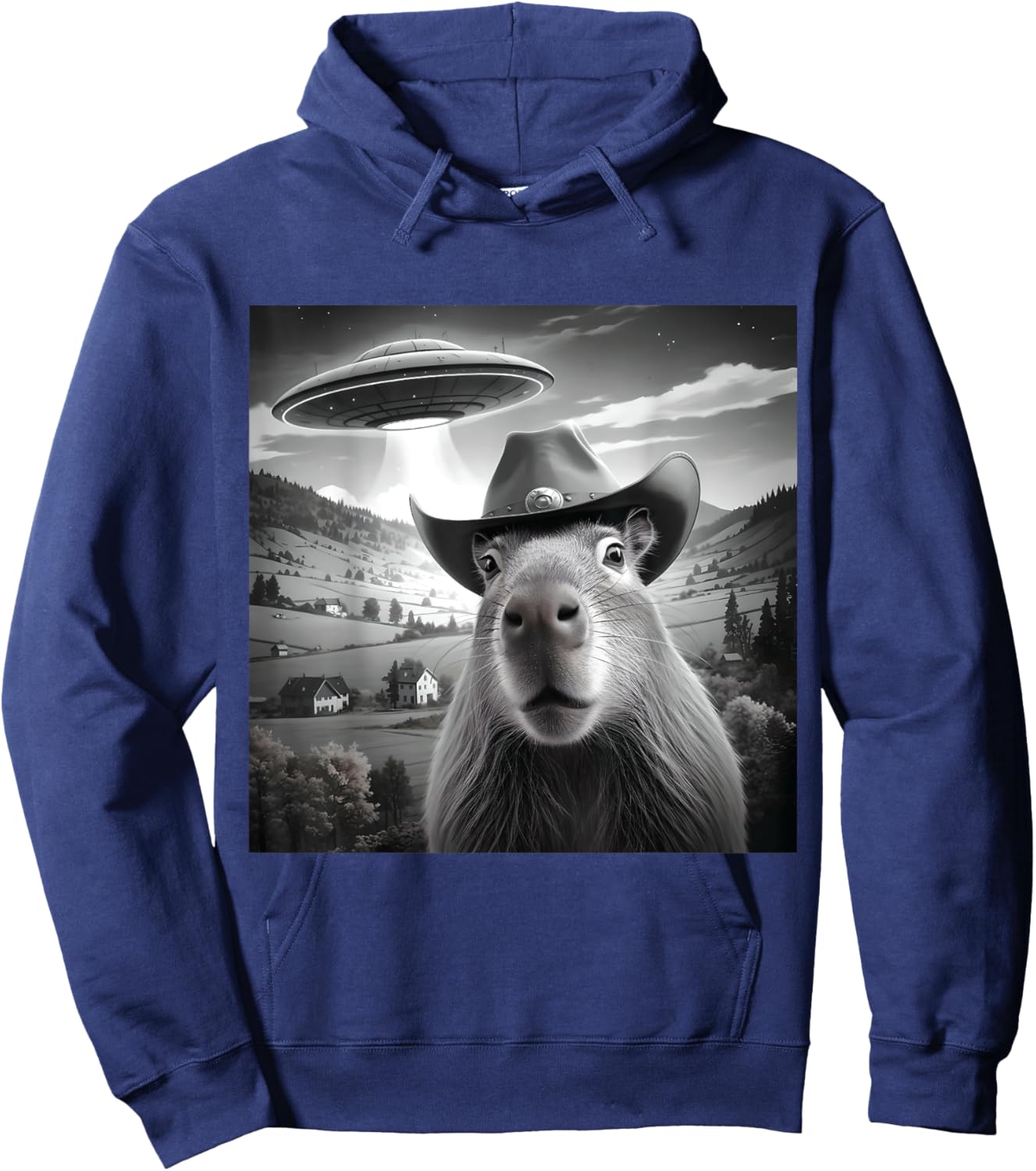 Funny Capybara Selfie Wearing Cute Hat With UFOs Weird Hoodie - Hoodie | Navy