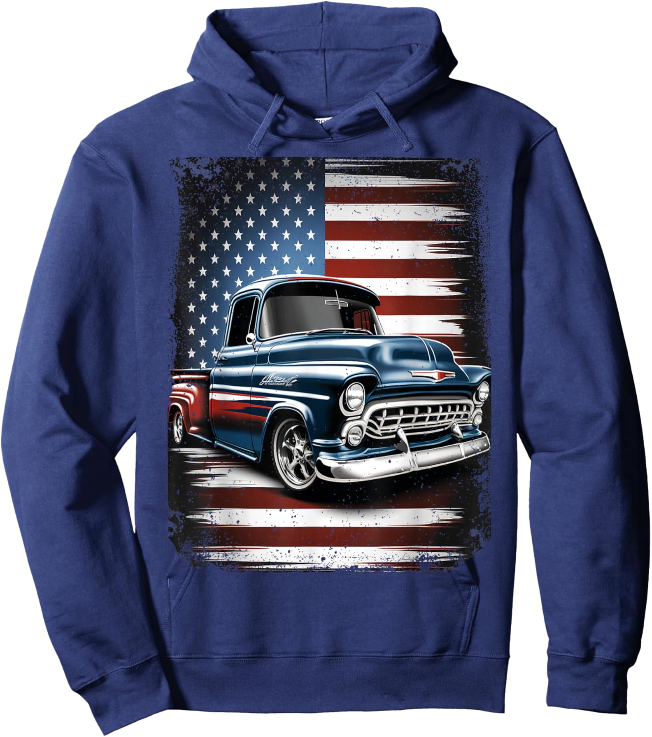 Classic Old Pickup Truck American Flag 4th of July Patriotic Hoodie - Hoodie | Navy
