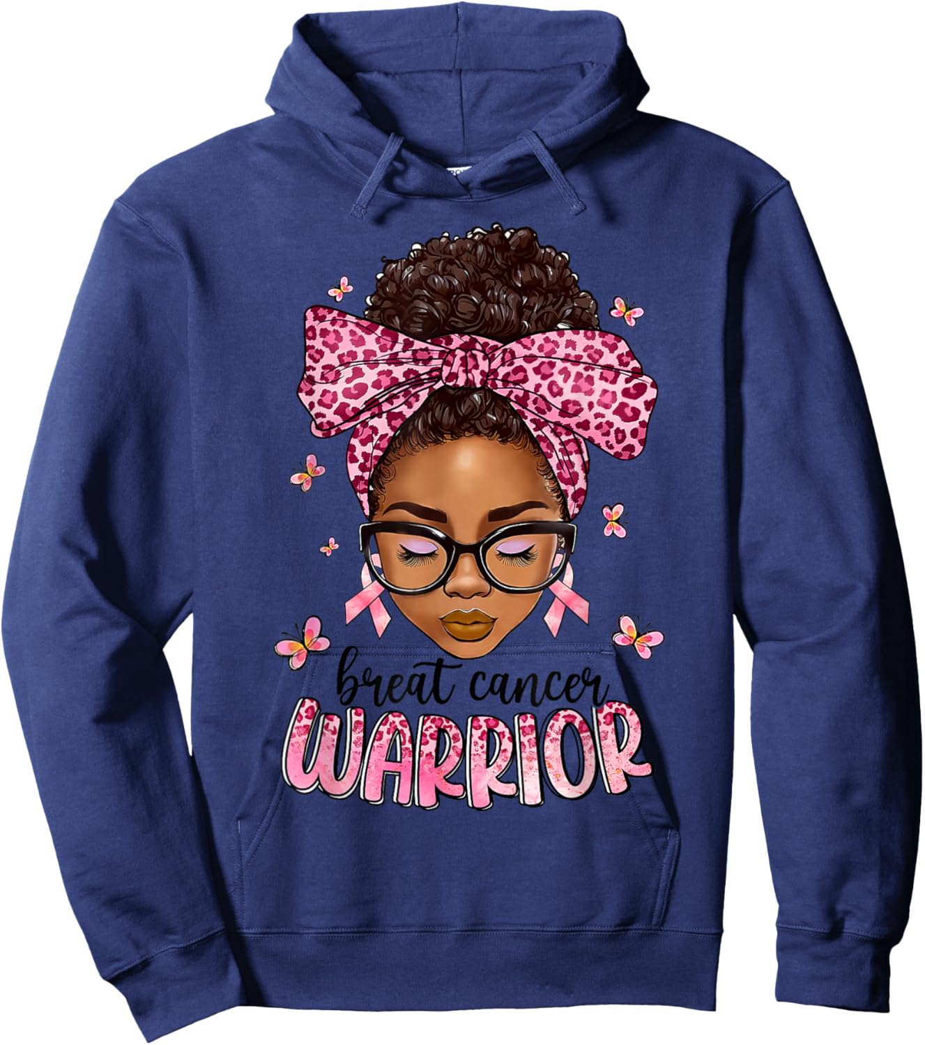 Breast Cancer Awareness Warrior Messy Bun Hair Black Woman Hoodie - Hoodie | Navy