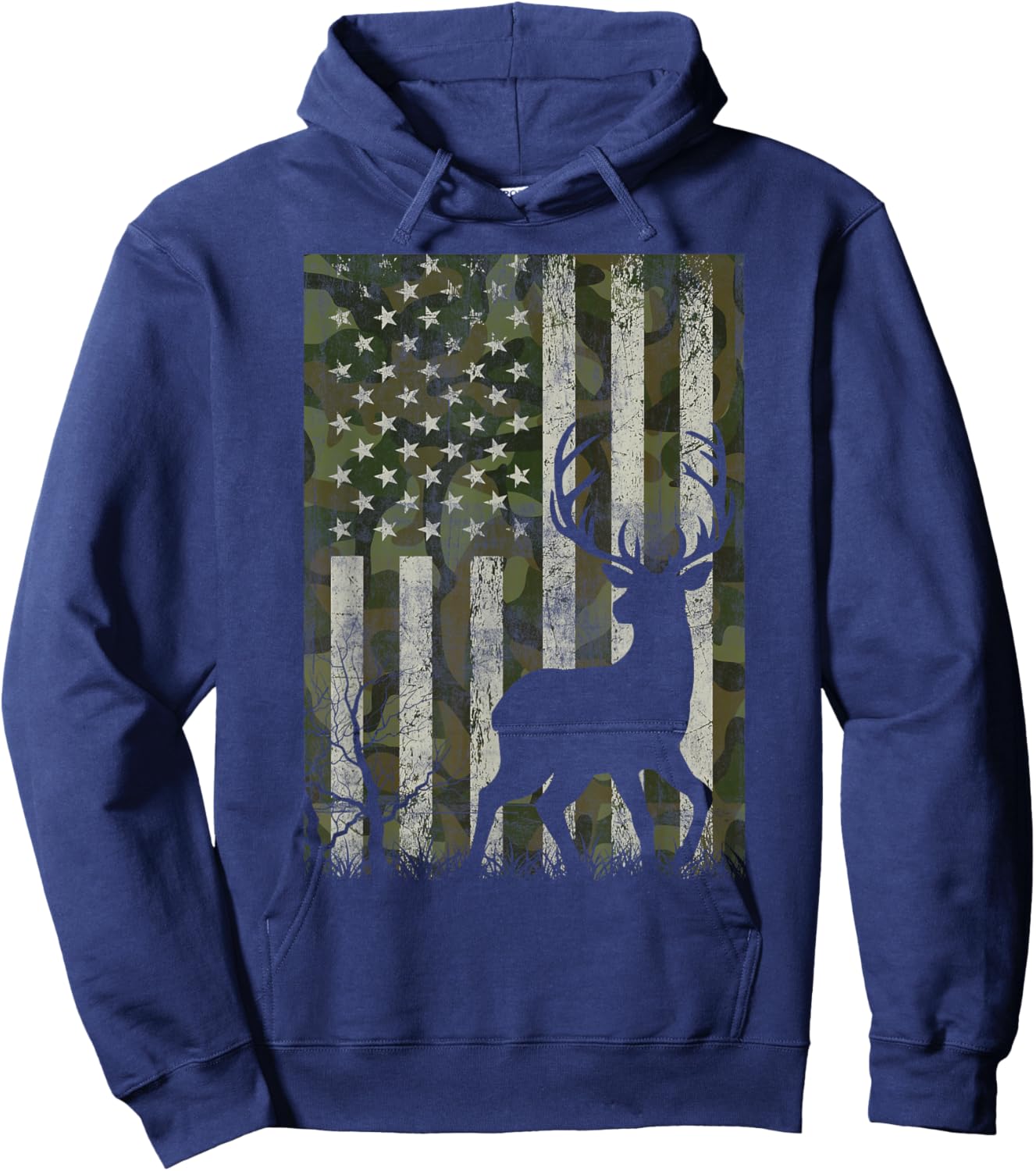 US Flag Deer Elk Buck Camoflage Hunting Hunter Dad Grandpa Hoodie - Hoodie | Navy