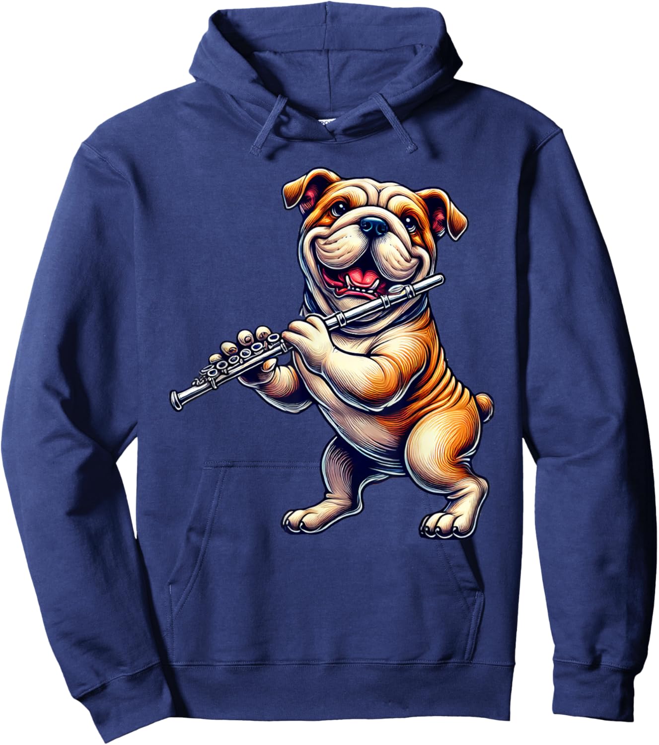 Cute English Bulldog Dog Playing Flute Musician Music Hoodie - Hoodie | Navy