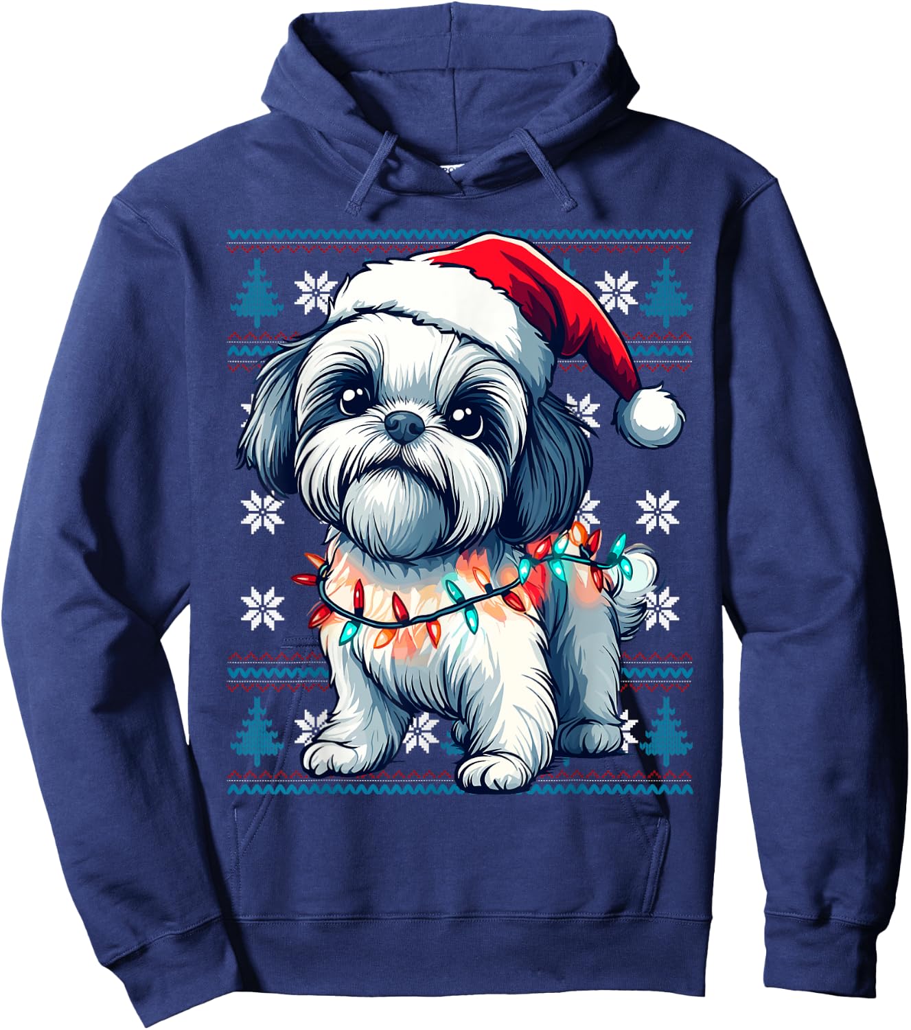 Shih Tzu Santa Xmas Tree Lights Shih Tzu Ugly Christmas Hoodie - Hoodie | Navy