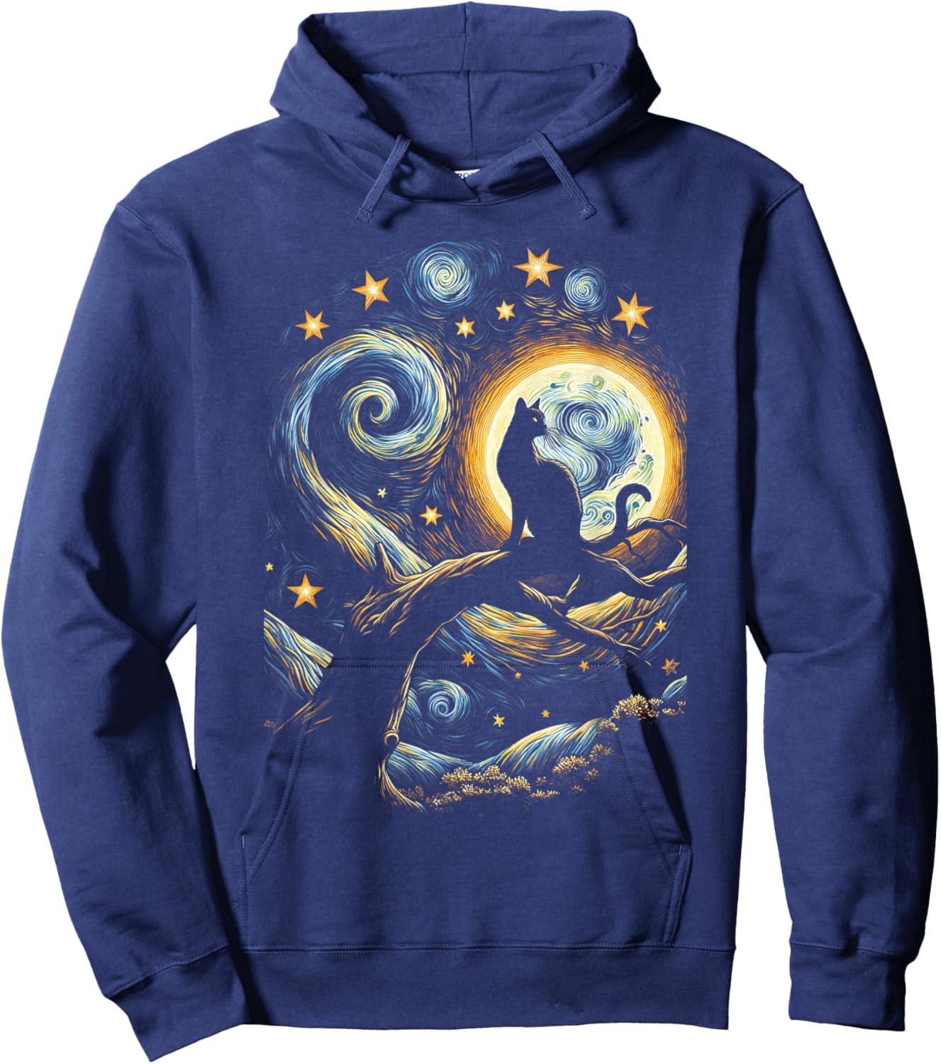 Cat Starry Night, Cat Van Gogh, Cat Art, Kids Funny Cat Hoodie - Hoodie | Navy