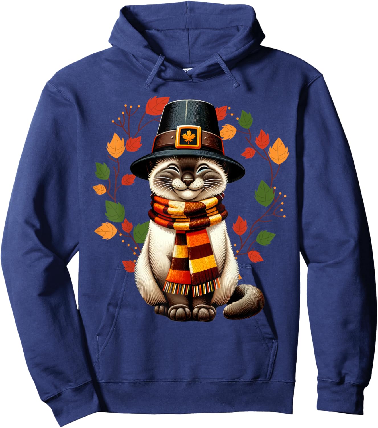 Siamese Cat Pilgrim Thanksgiving Fall Turkey, Women Girls Hoodie - Hoodie | Navy