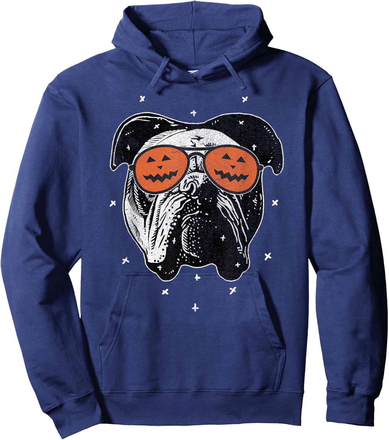 English Dog Wearing Pumpkin Sunglasses | Halloween Bulldog Women Kids Hoodie - Hoodie | Navy