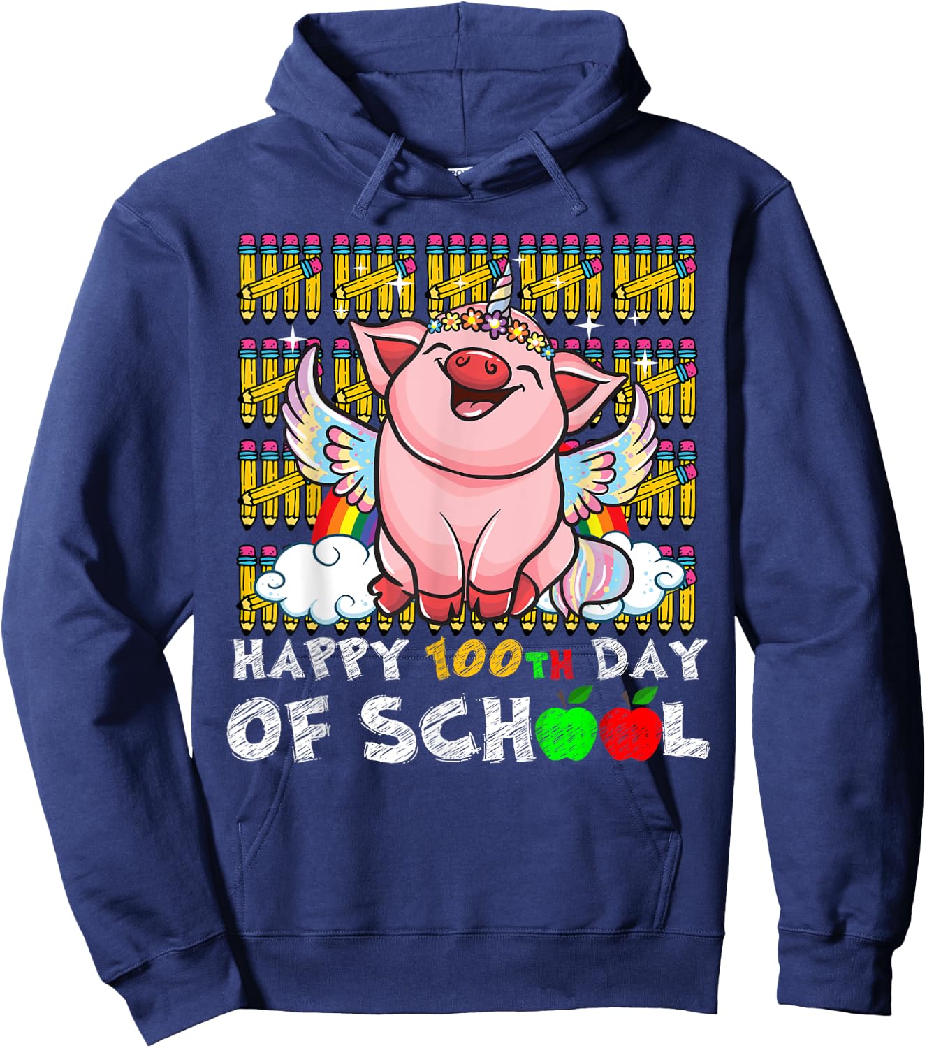 Happy 100th Day Of School Pig Funny Teacher Student Kids Hoodie - Hoodie | Navy