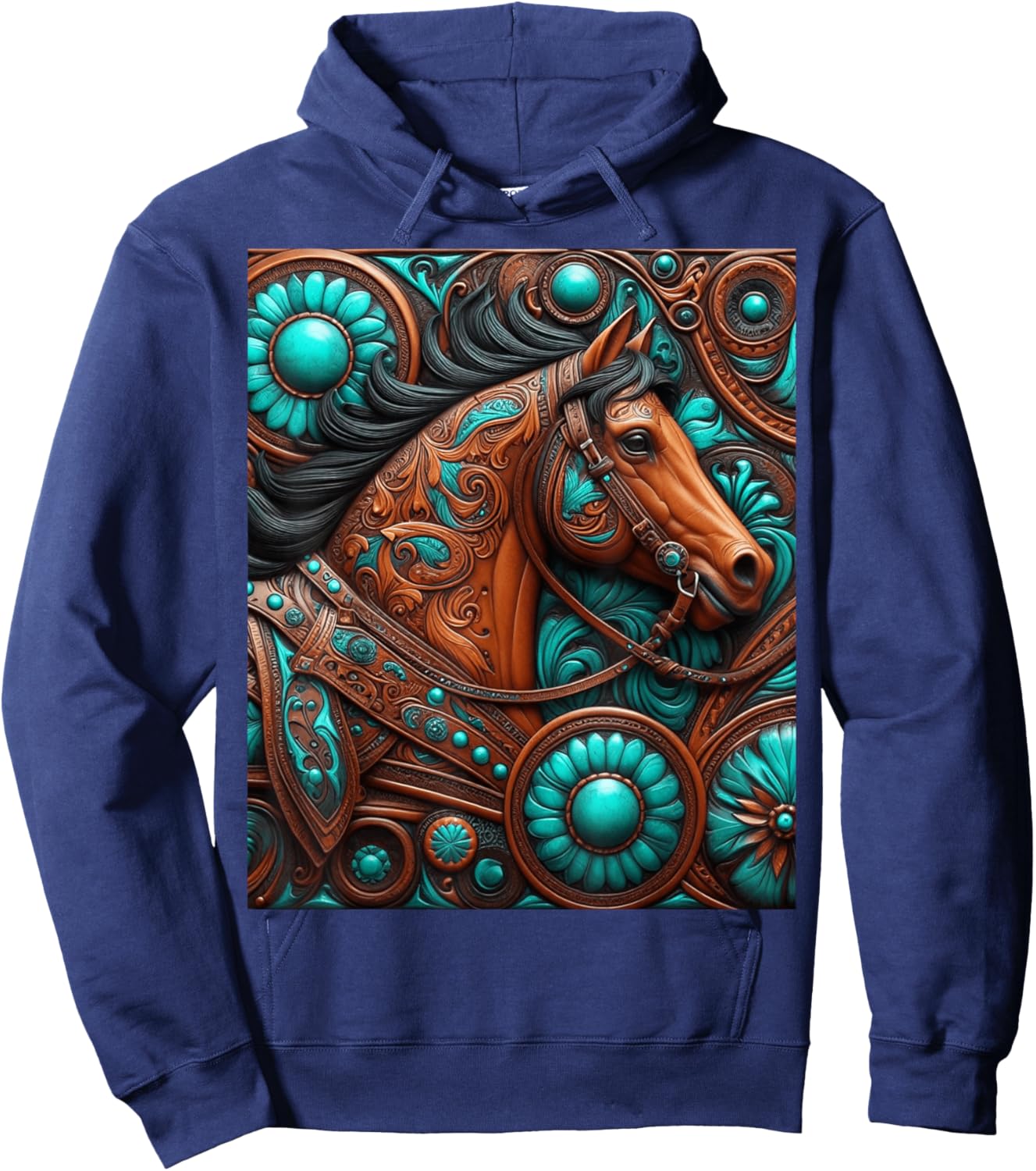Turquoise and Chocolate Tooled Horse Hoodie - Hoodie | Navy