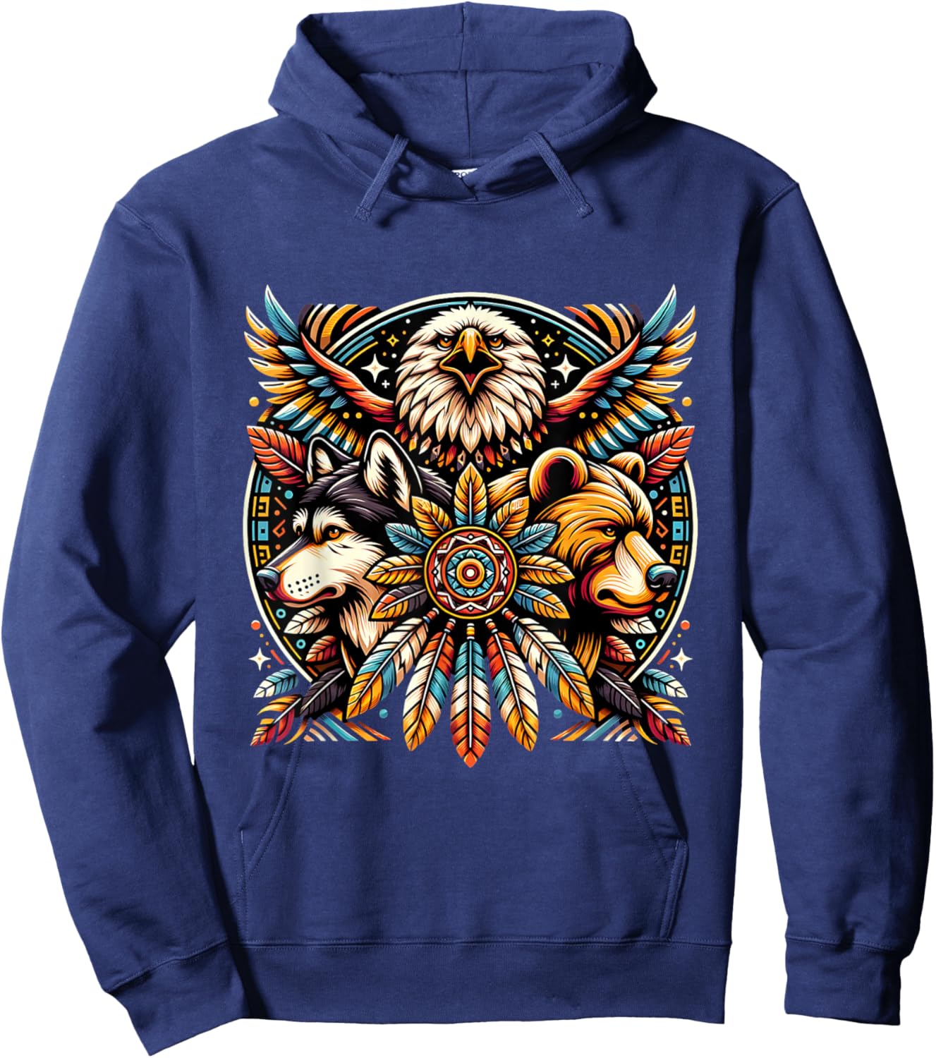 Native American Tribal Animals Bear Wolf Eagle Bohemian Hoodie - Hoodie | Navy