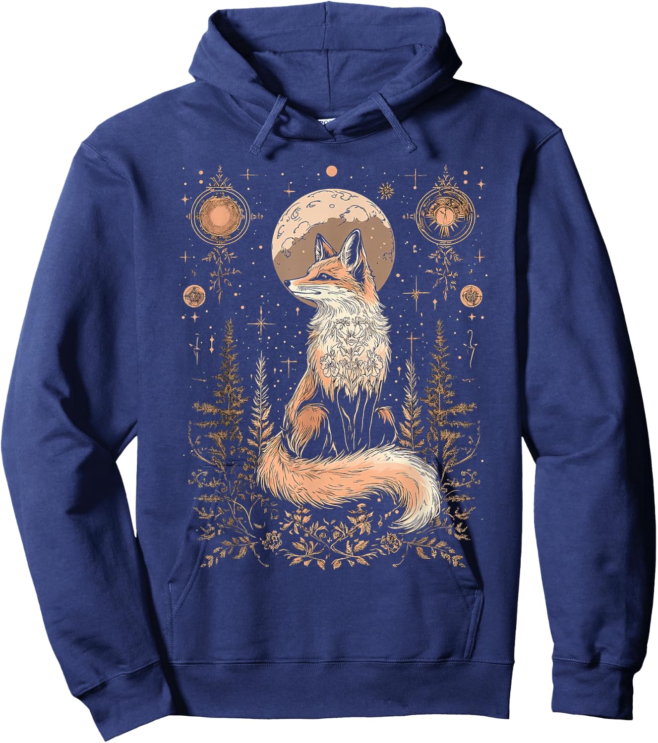 Mystic Moon and Moonphase Fox Mystical Flowers Aesthetic Hoodie - Hoodie | Navy