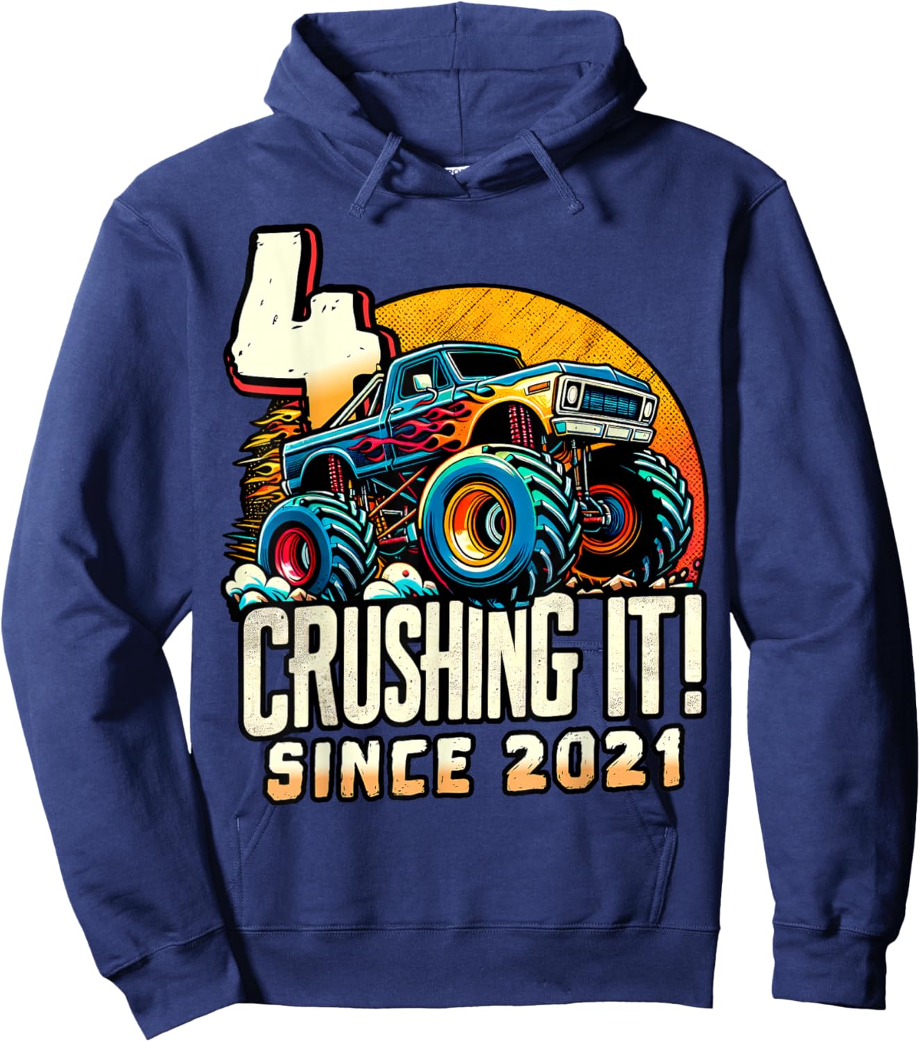 Birthday Monster Truck 4 year Old Boys 4th Party Born 2021 Hoodie - Hoodie | Navy