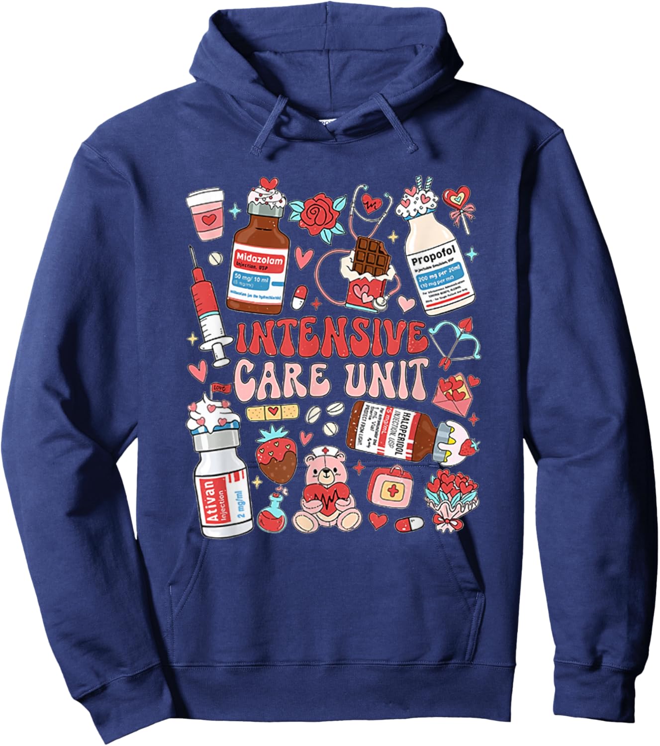 Retro Intensive Care Unit Nurse Tech Valentine ICU Nurse Hoodie - Hoodie | Navy