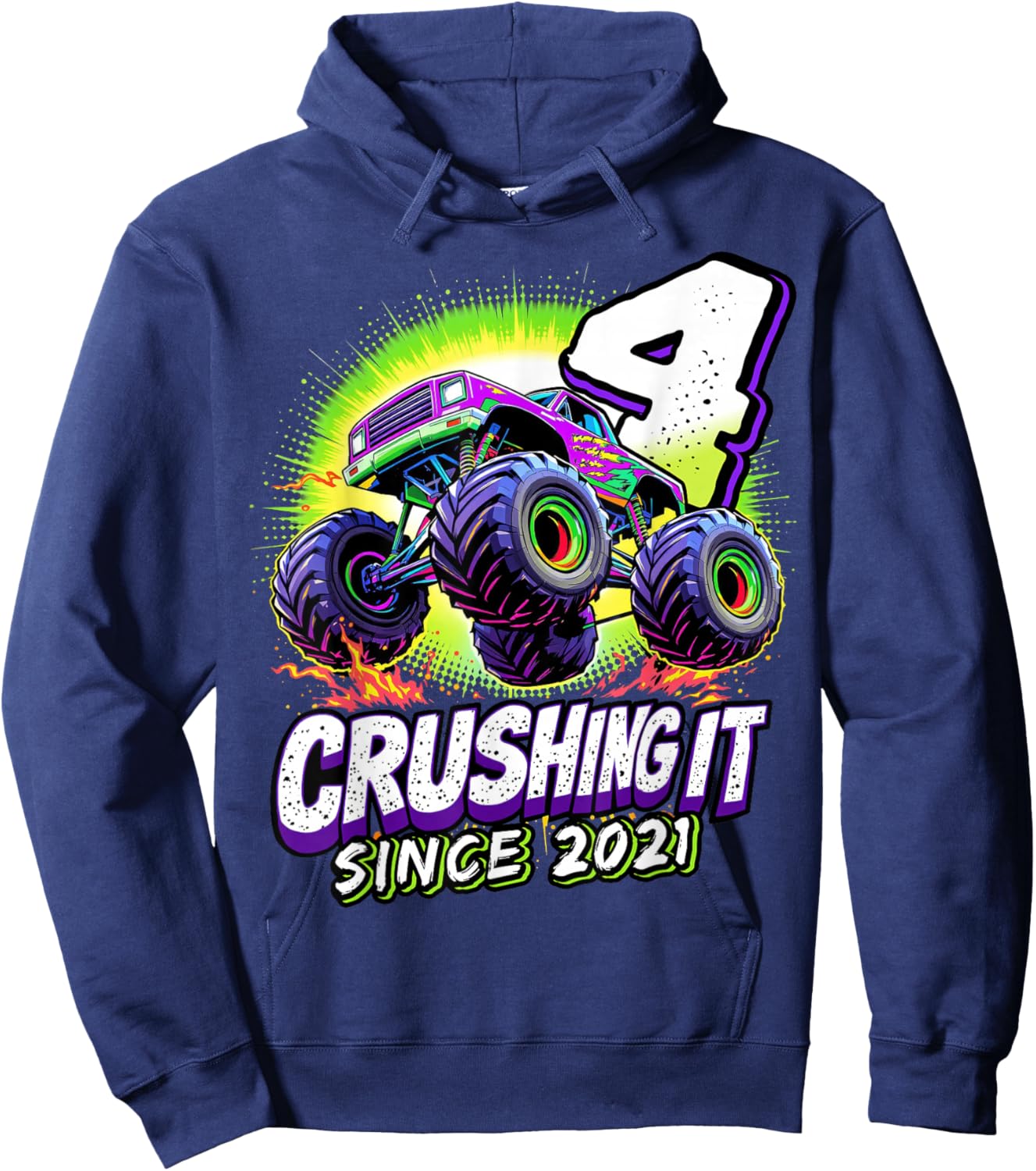 Birthday Monster Truck 4 Year Old Boys 4th Party Born 2021 Hoodie - Hoodie | Navy