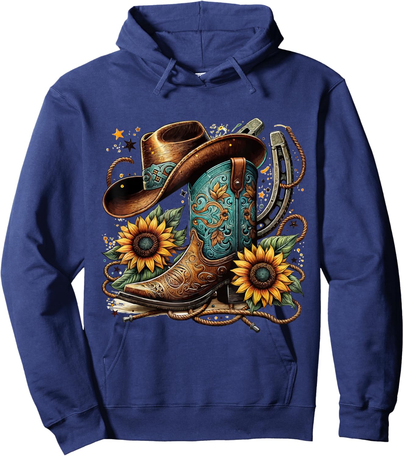 Western Cowboy Boot Horseshoe Sunflower Rope Cowgirl Boot , Small, Black Hoodie - Hoodie | Navy