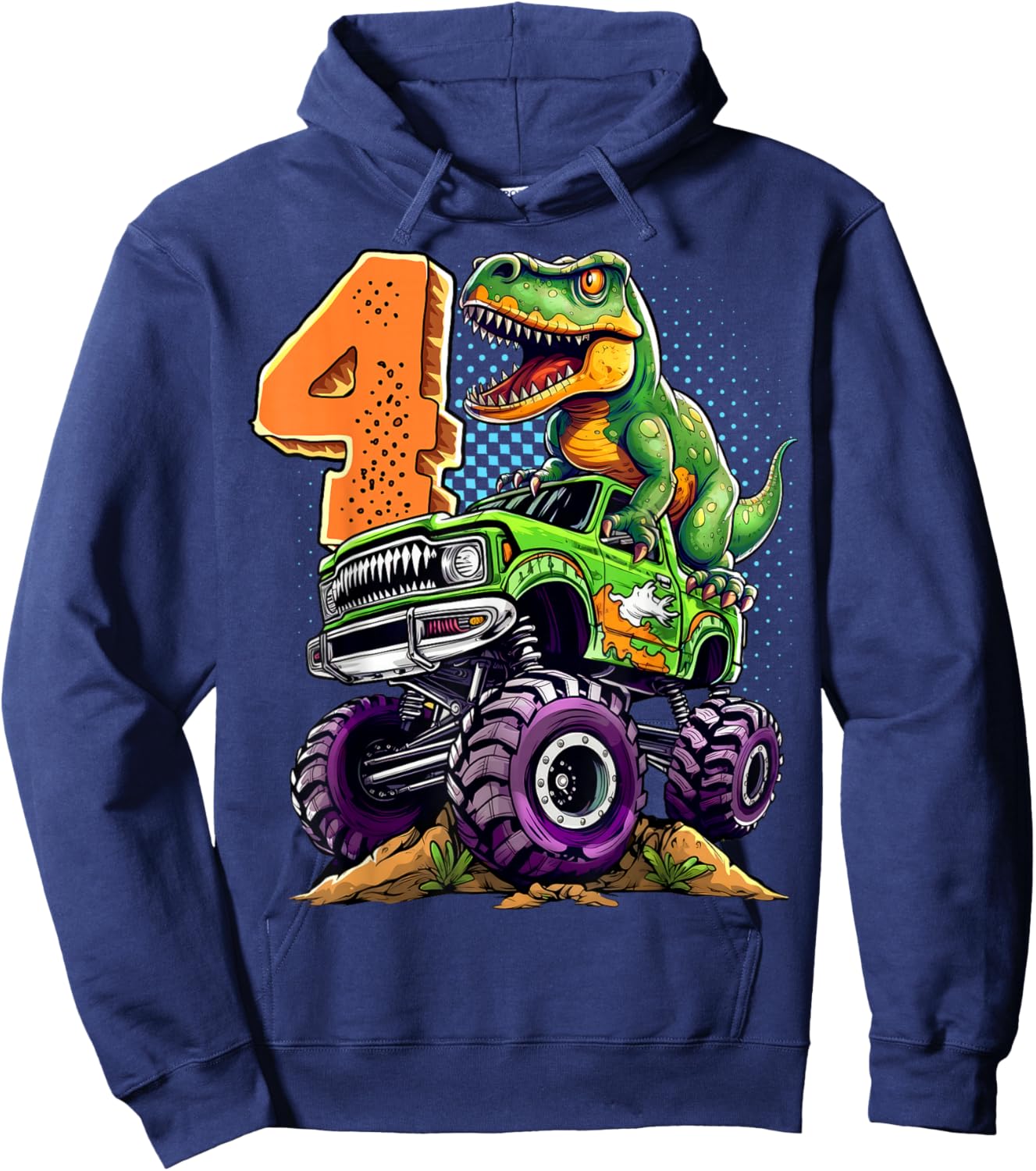 Monster Truck Dinosaur T-Rex 4th Birthday Boy 4 Year Old Hoodie - Hoodie | Navy