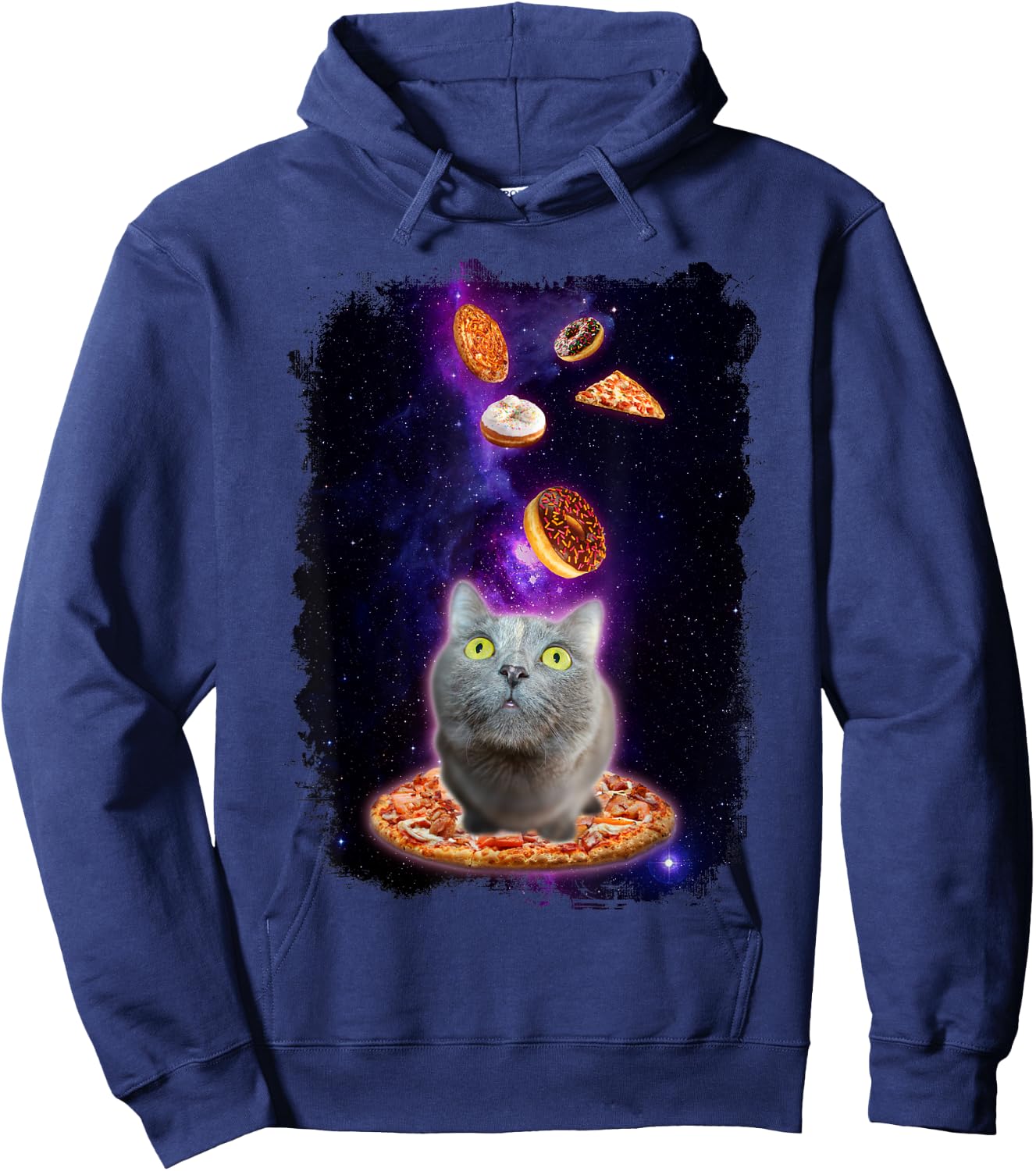 Cat in Space with Pizza Doughnuts Floating Shirt Gift Hoodie - Hoodie | Navy