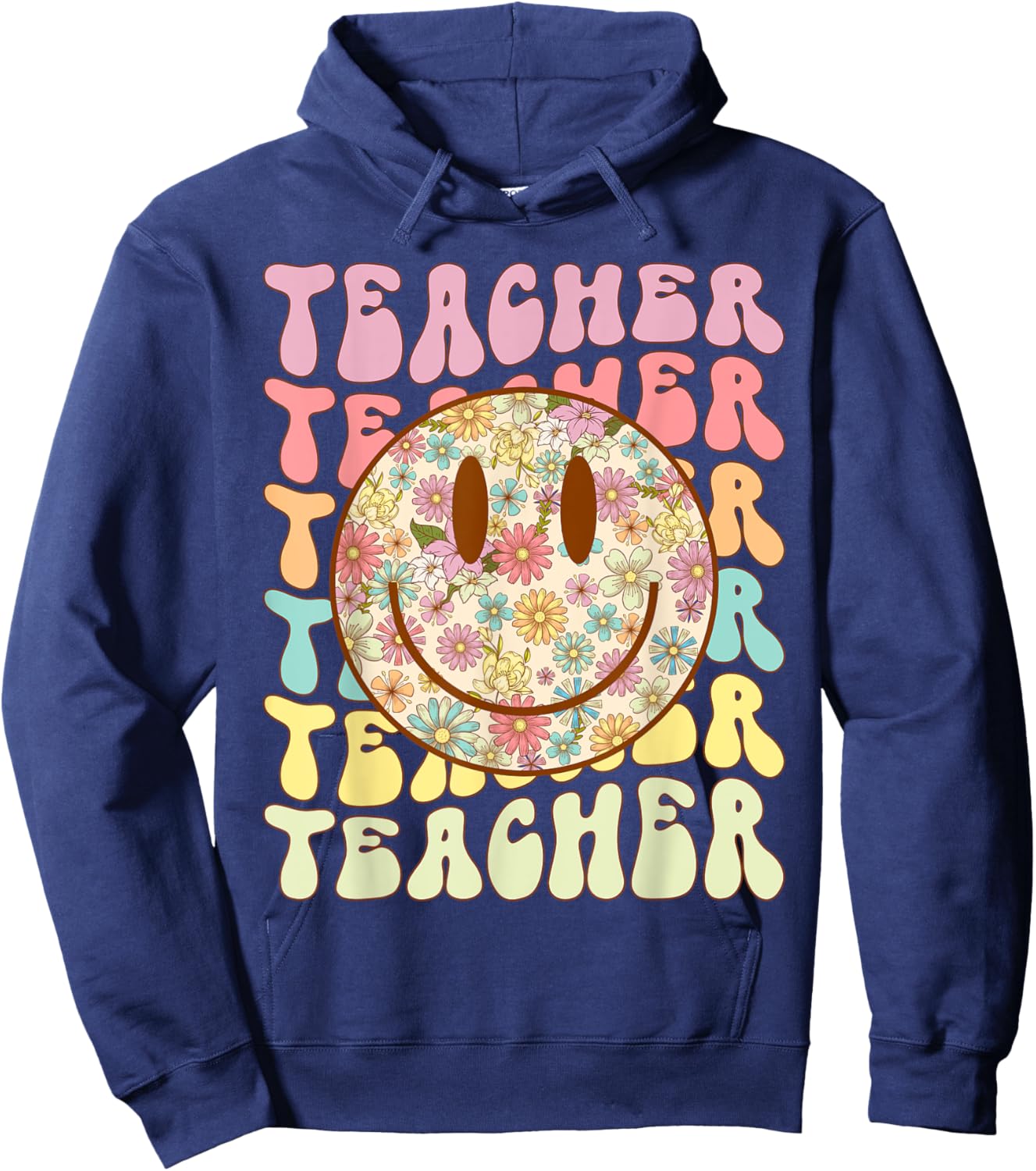 Groovy Retro Teacher Floral Smile Face Back To School Hoodie - Hoodie | Navy