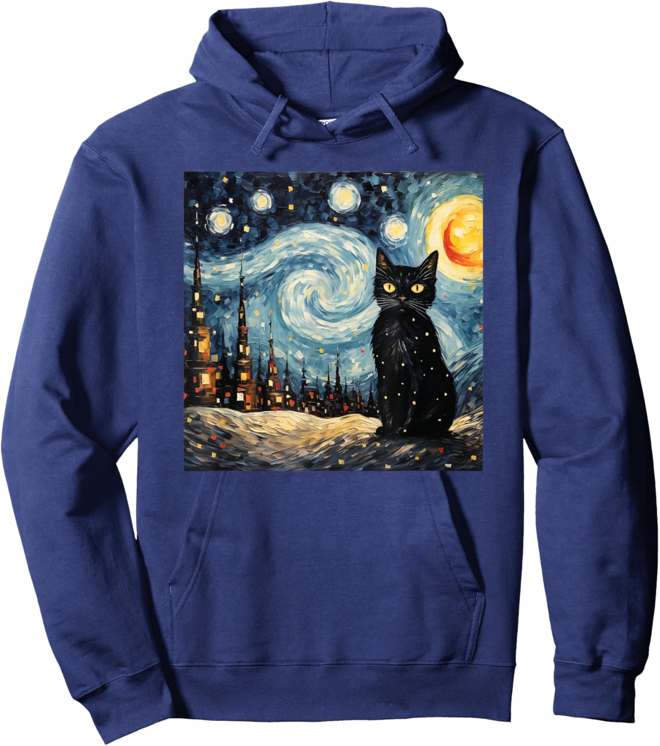 black cat Painting art Starry Night kitty kitten Van Gogh Hoodie - Hoodie | Navy