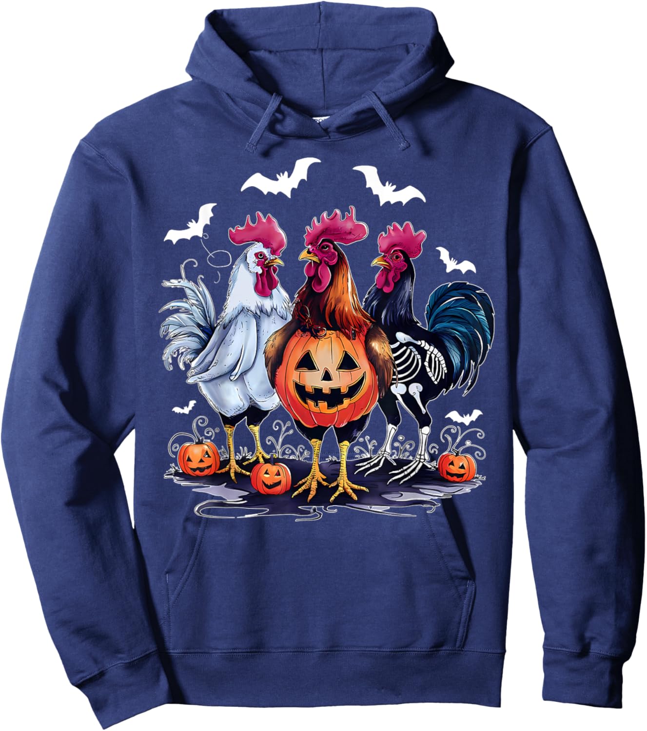 Retro Pumpkin Rooster Bat Chicken Farm Animal Spooky Party Hoodie - Hoodie | Navy