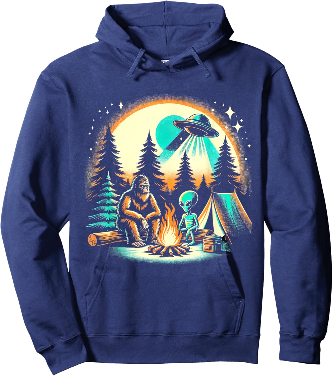 Funny Bigfoot & Alien UFO Camping Outdoor Adventures Hiking Hoodie - Hoodie | Navy