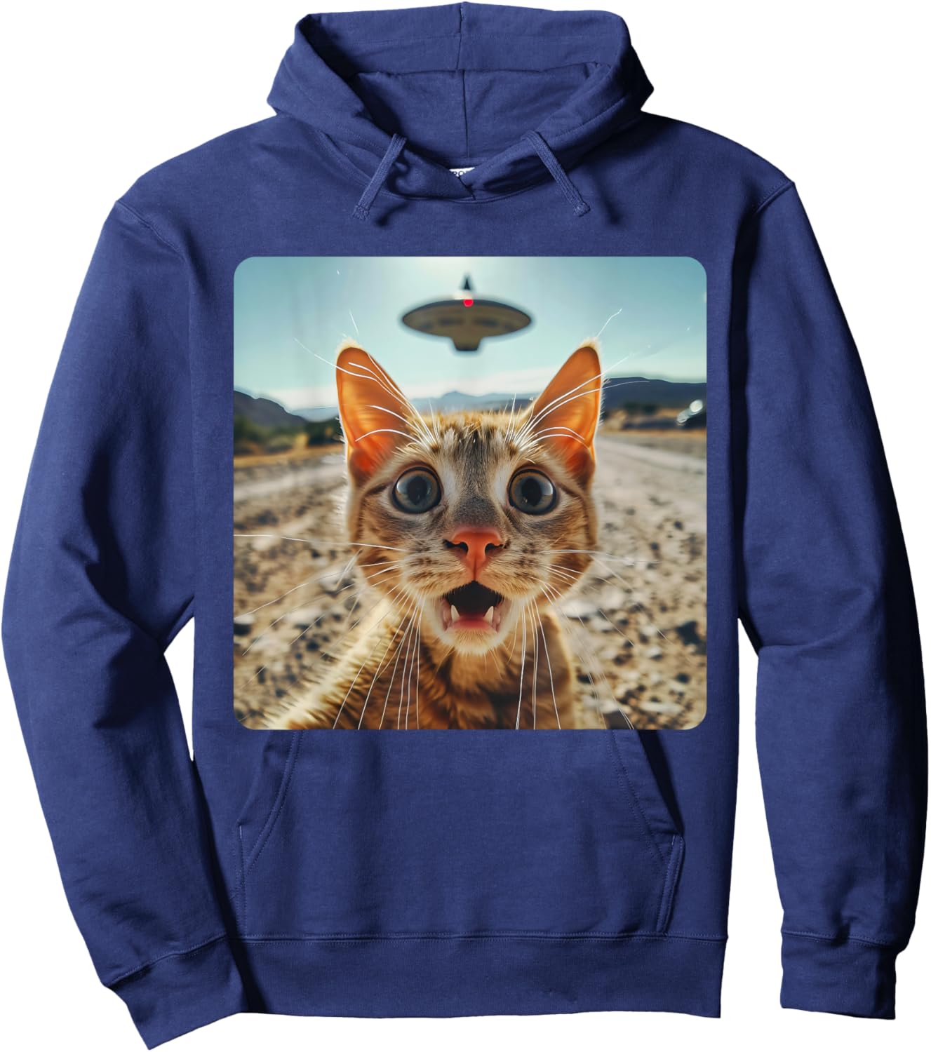 Extraterrestrial Encounter: Cat Selfie with Alien UFO Hoodie - Hoodie | Navy