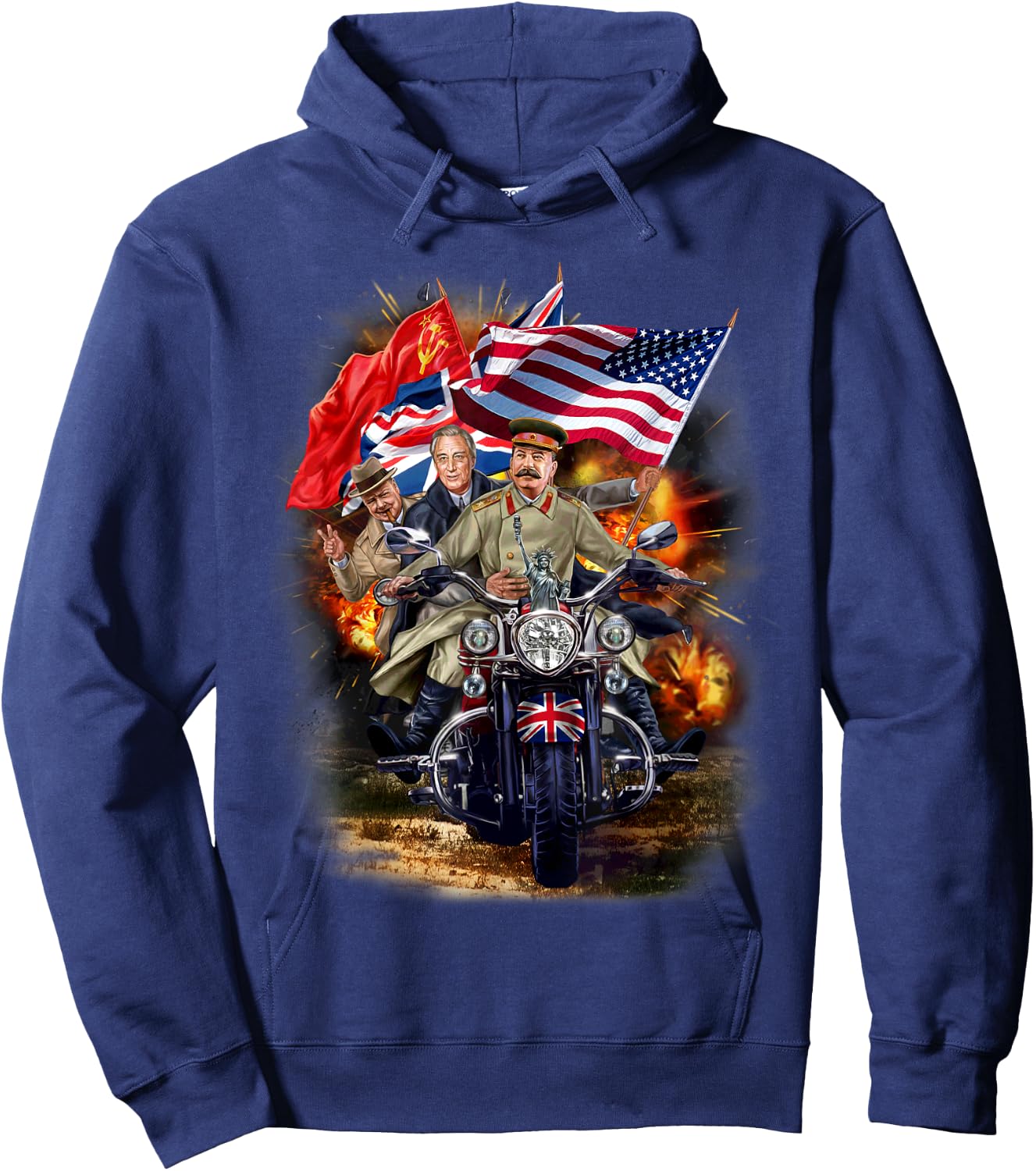 Churchill, Roosevelt and Stalin Riding Motorcycle During WW2 Hoodie - Hoodie | Navy