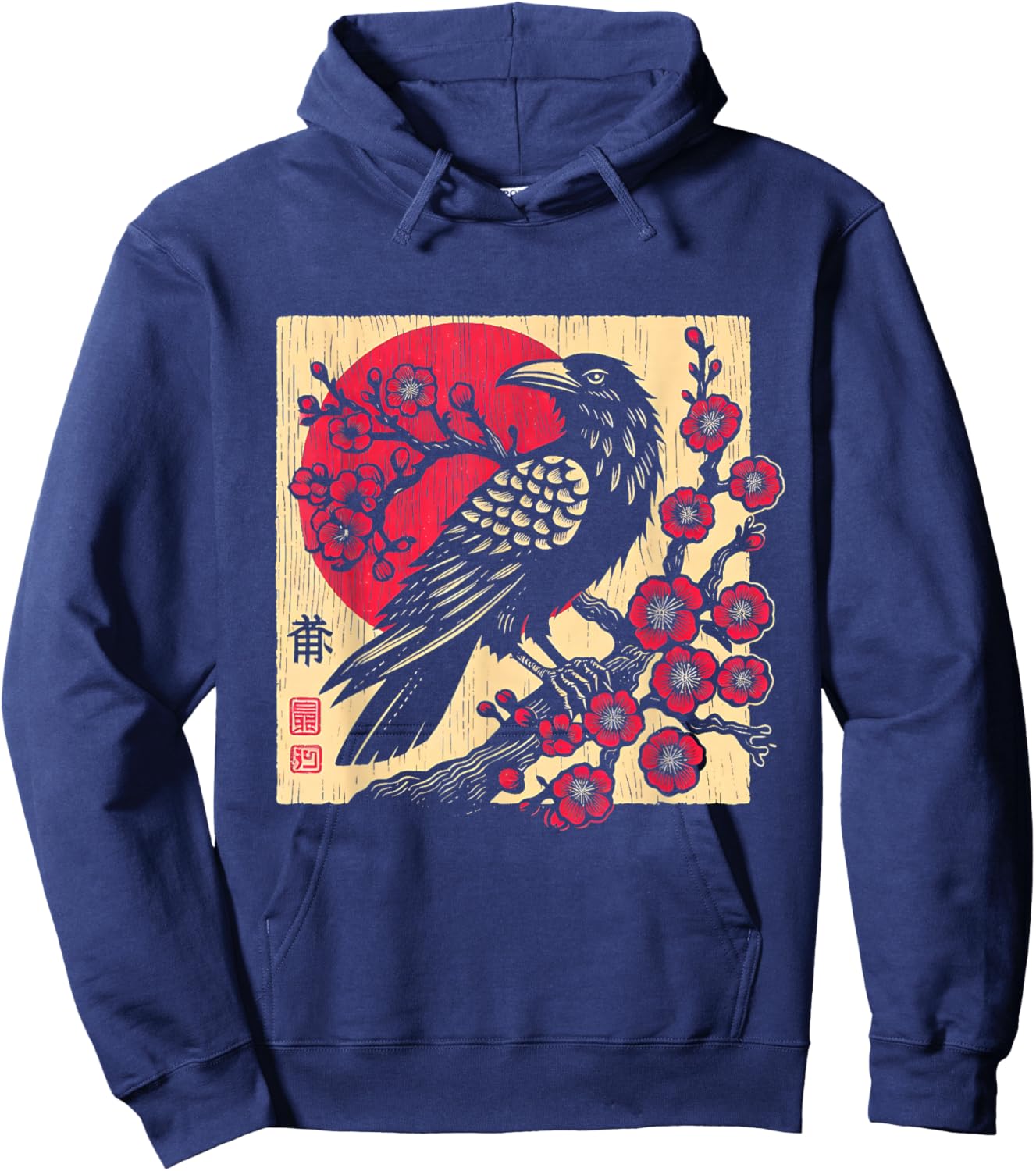 Japanese Art Raven Vintage Graphic Cherry Blossom Hoodie - Hoodie | Navy