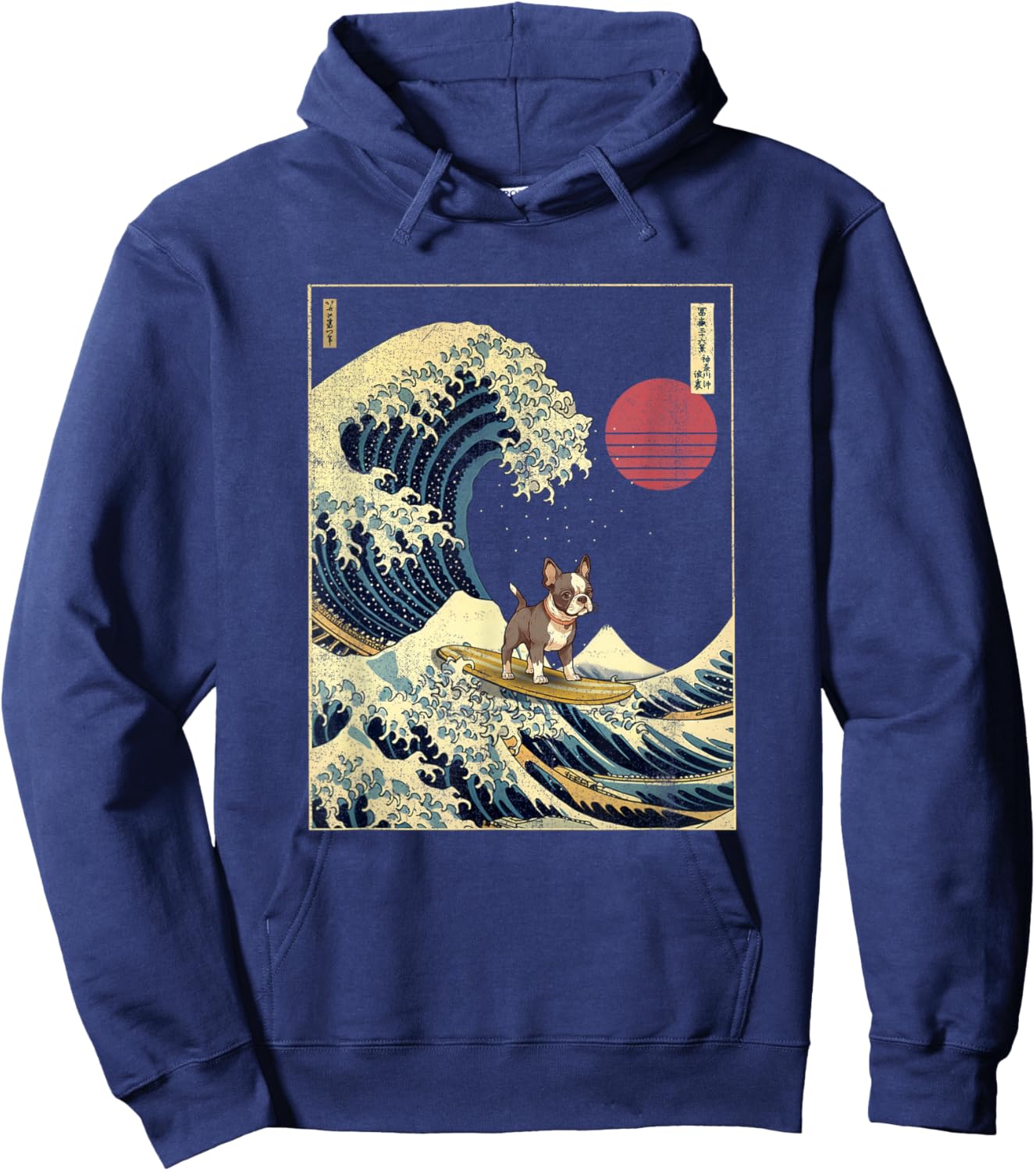 Boston Terrier Japanese Kanagawa Wave Funny Surf Dog Hoodie - Hoodie | Navy